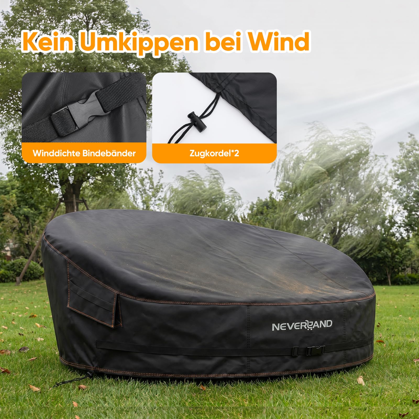 NEVERLAND Housse de protection imperméable pour île de soleil - En tissu Oxford avec revêtement en polyuréthane - Avec 2 ouvertures d'aération, poignées de transport et sangle à clic - Noir - S - 165