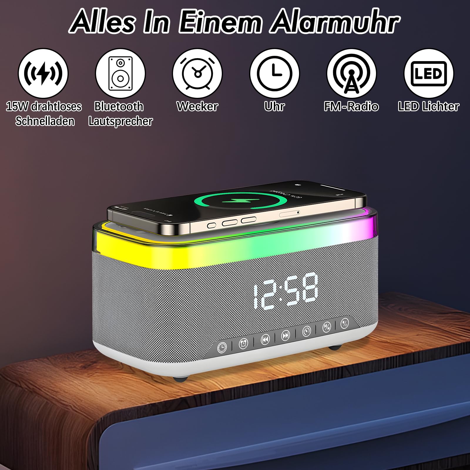 Radio wecker Digital mit Ladestation, 15W Fast Wireless Charger, Digitaler Radiowecker mit Bluetooth Lautsprecher, 13 LED-Leuchten, USB-Kabelloser Ladegerät, FM-Radio, Smart Wecker mit ladefunktion
