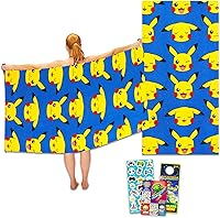 Pokemon Pikachu Beach Towel Set 27x54" Bundle with Stickers - Official Pool Towel for Kids & Adults