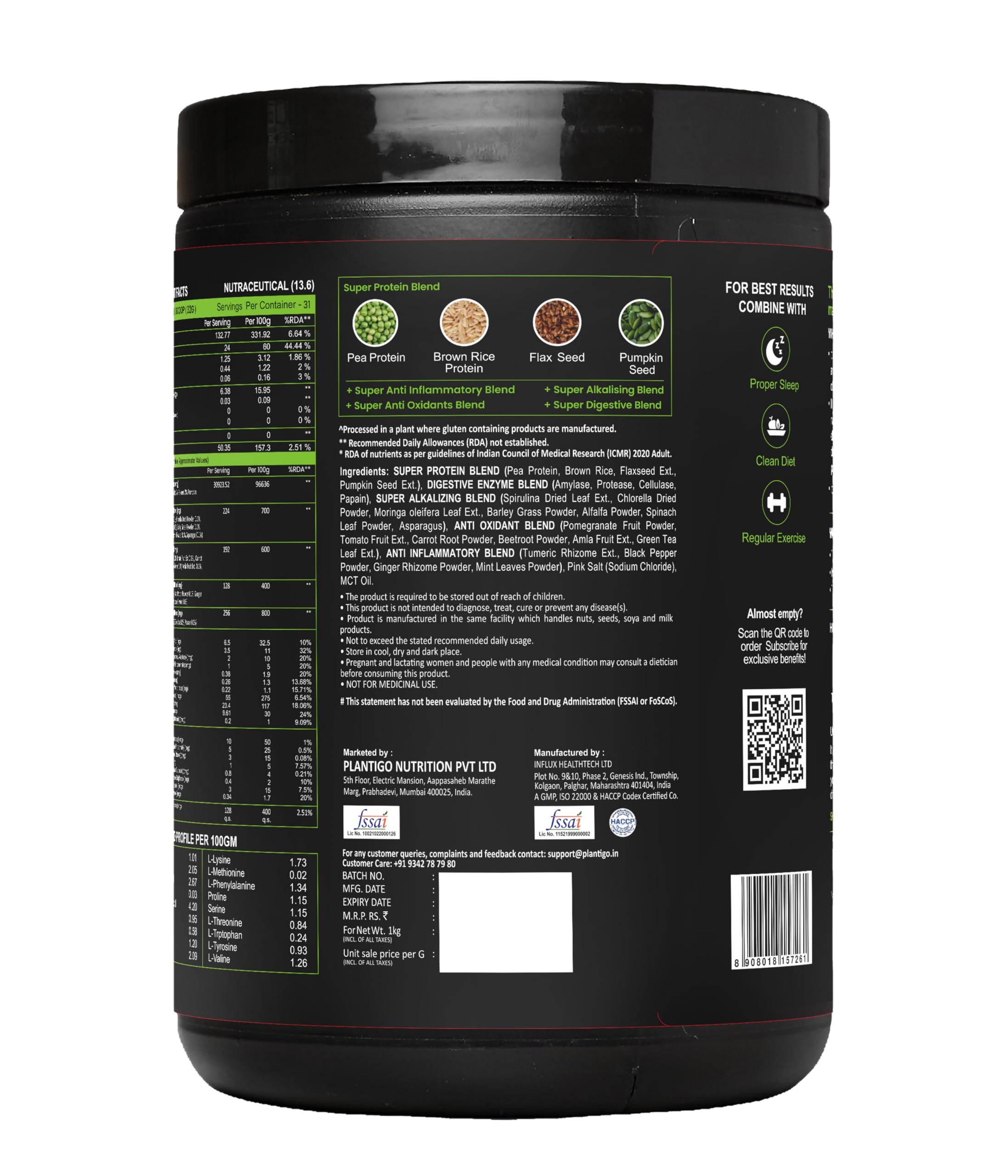 Plantigo Clean Plant Protein Powder | No Preservatives, No Banned Substances |Super Protein Blend- Pea, Brown Rice | Protein For Men, Women (Unsweetened, Unflavored - 1kg + Shaker Bottle 600ml)