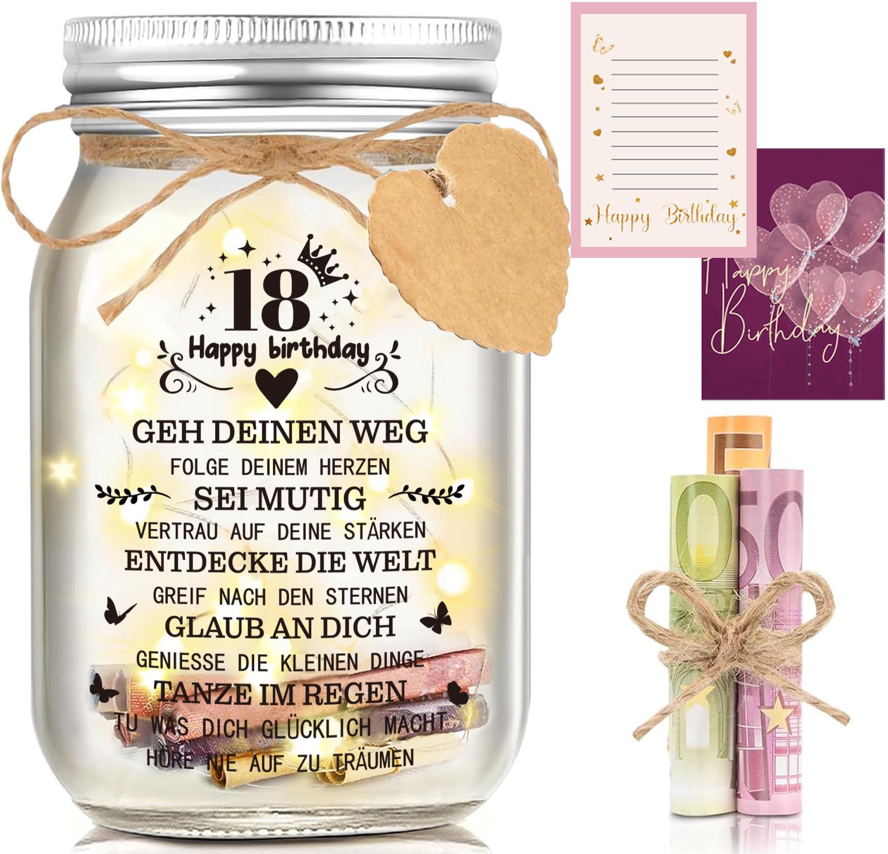 Hiipeefeel Geldgeschenk 18 Geburtstag Mädchen, LED Flaschenlicht, Geldgeschenke Verpackung Geburtstag, 18. Geburtstag für Mädchen Junge Frau Beste Freundin Schwester Familie