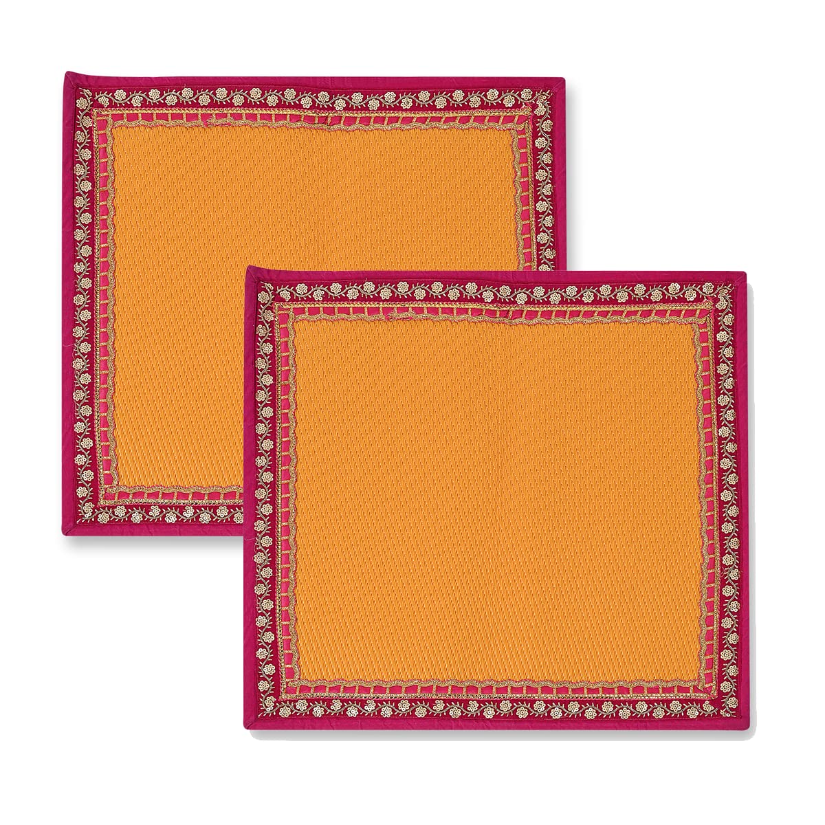 CHOTTEY LAL AND SONS & Traditional Meditation Prayer Mat Set of 2 Nylon Aasan for Sitting Pooja Carpet for Wedding Navratri Puja Mata ki Chowki (Pink & Yellow, 2x2 Feet)
