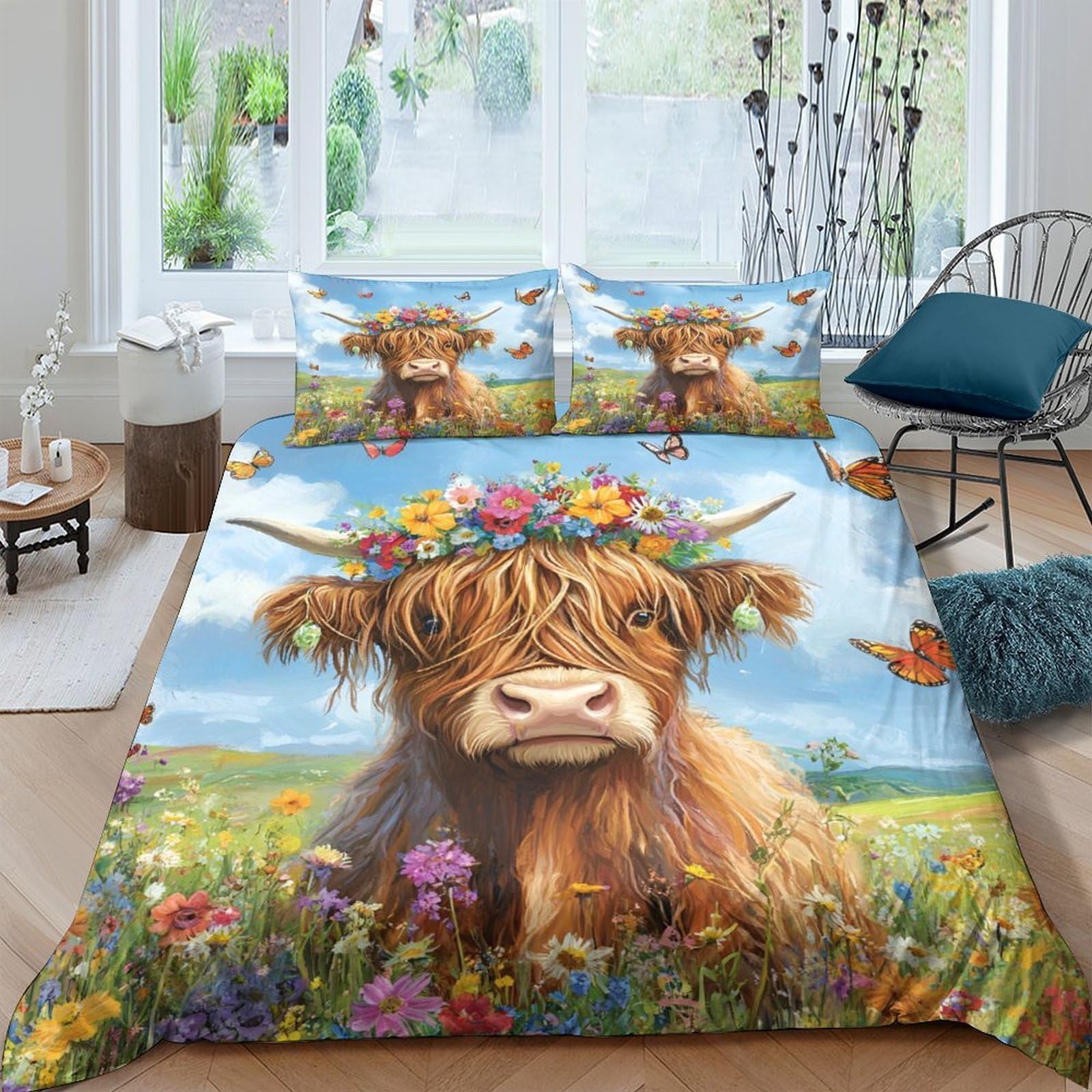Ctjqhvkz Style-1 3D Printed Highland Cow Floral Fitted Sheet Microfiber Soft Breathable Pasture Bed Cover For Bedroom Dorm Decor Single（135X200cm）