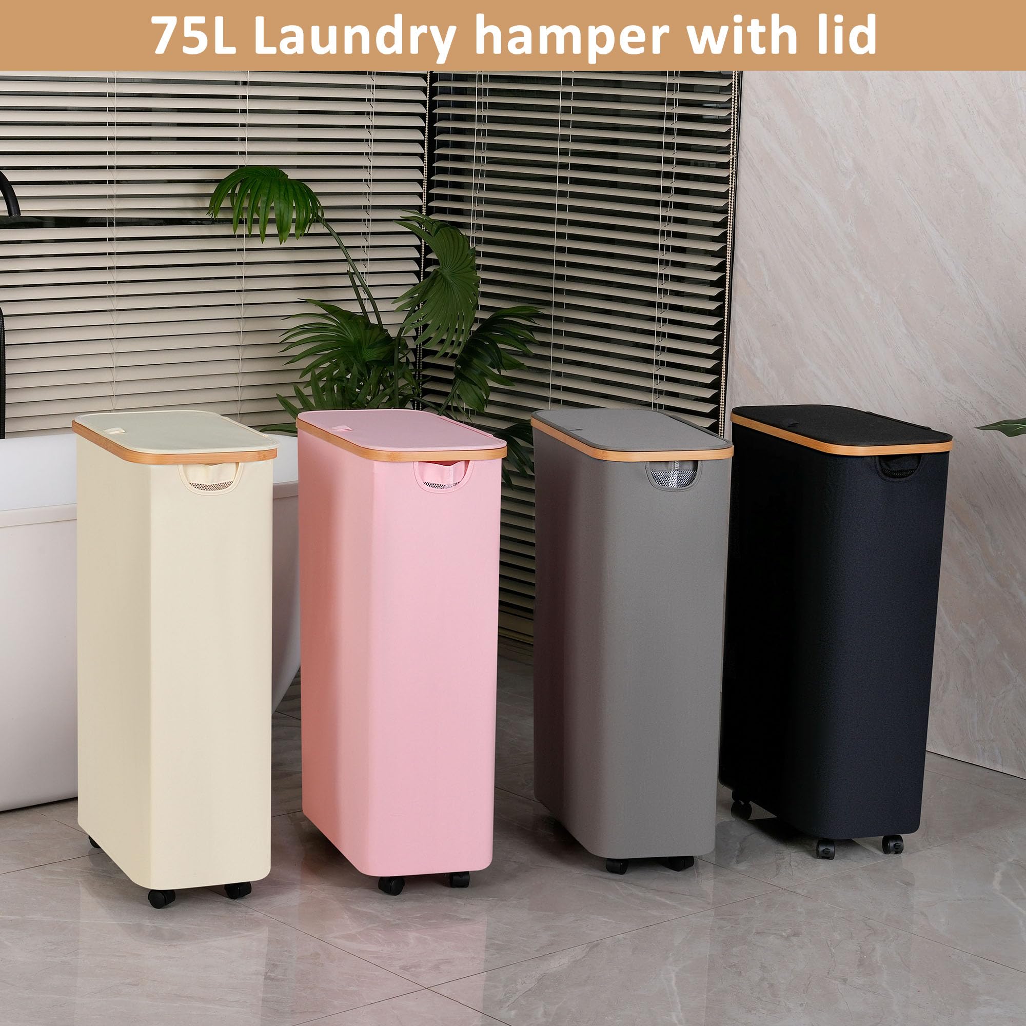 iEGrow Wäschekorb mit Rollen 75L, Wäschesammler Schmal mit Herausnehmbarer und Waschbarer Innentasche, Laundry Baskets Wäschekörbe mit Deckel für Kleidung, Spielzeug, Handtücher (Beige)
