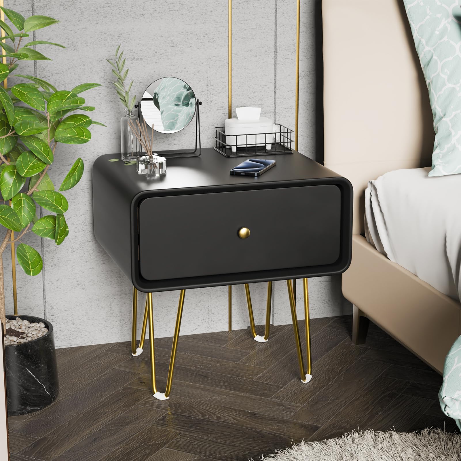 QHRAY Modern Faux Leather Nightstand with Draw, Solid Wood Drawer, with 4 Metal Legs, Small Side End Table, Side Table with Storage Drawers for Bedroom and Living Room (Black)