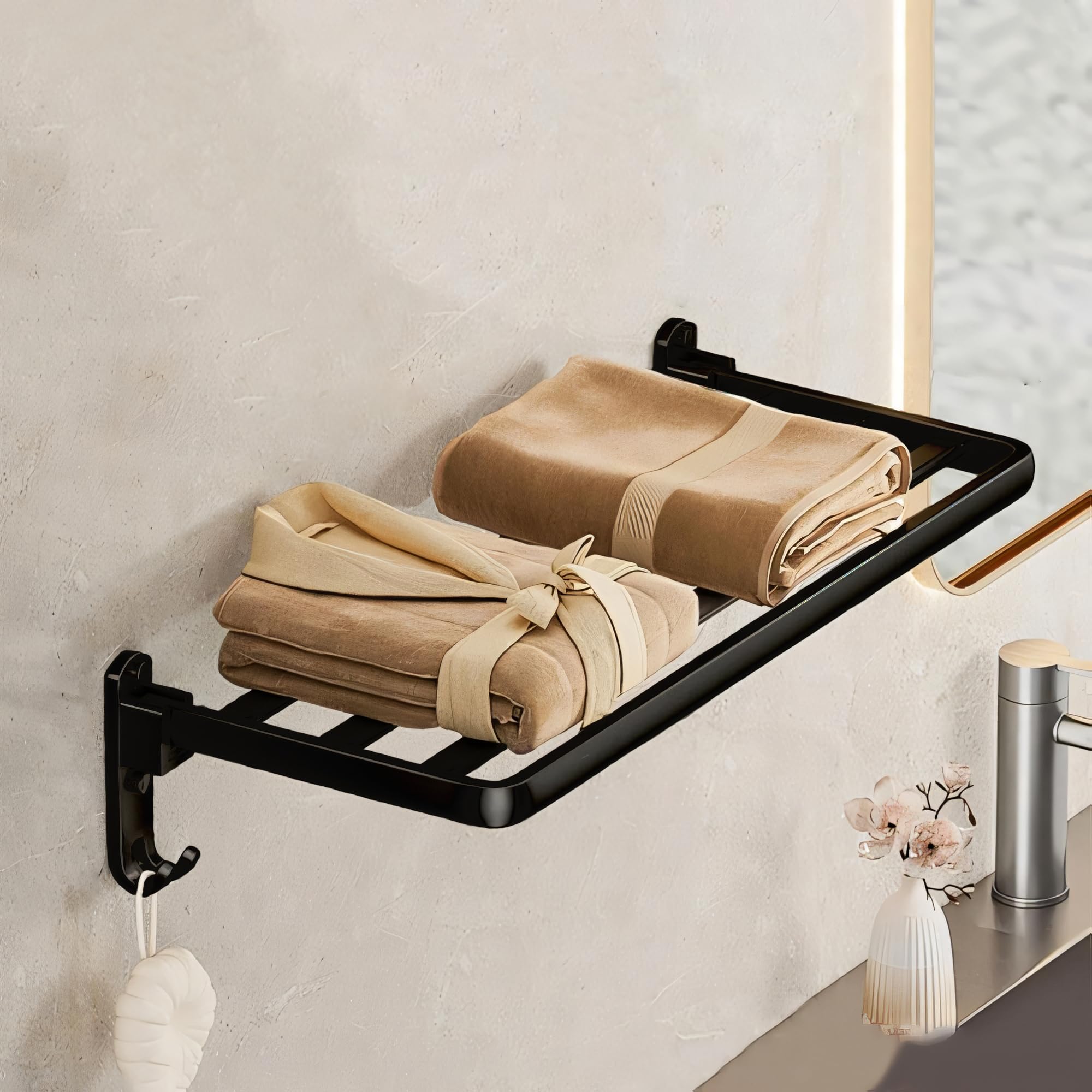 MIORAH 24 Inch Powder - Coated Aluminium Towel Rack with Hooks – Rust - Free, Space - Saving Bathroom No Drill Self Adhesive Towel Rack Easy Installation-image-47