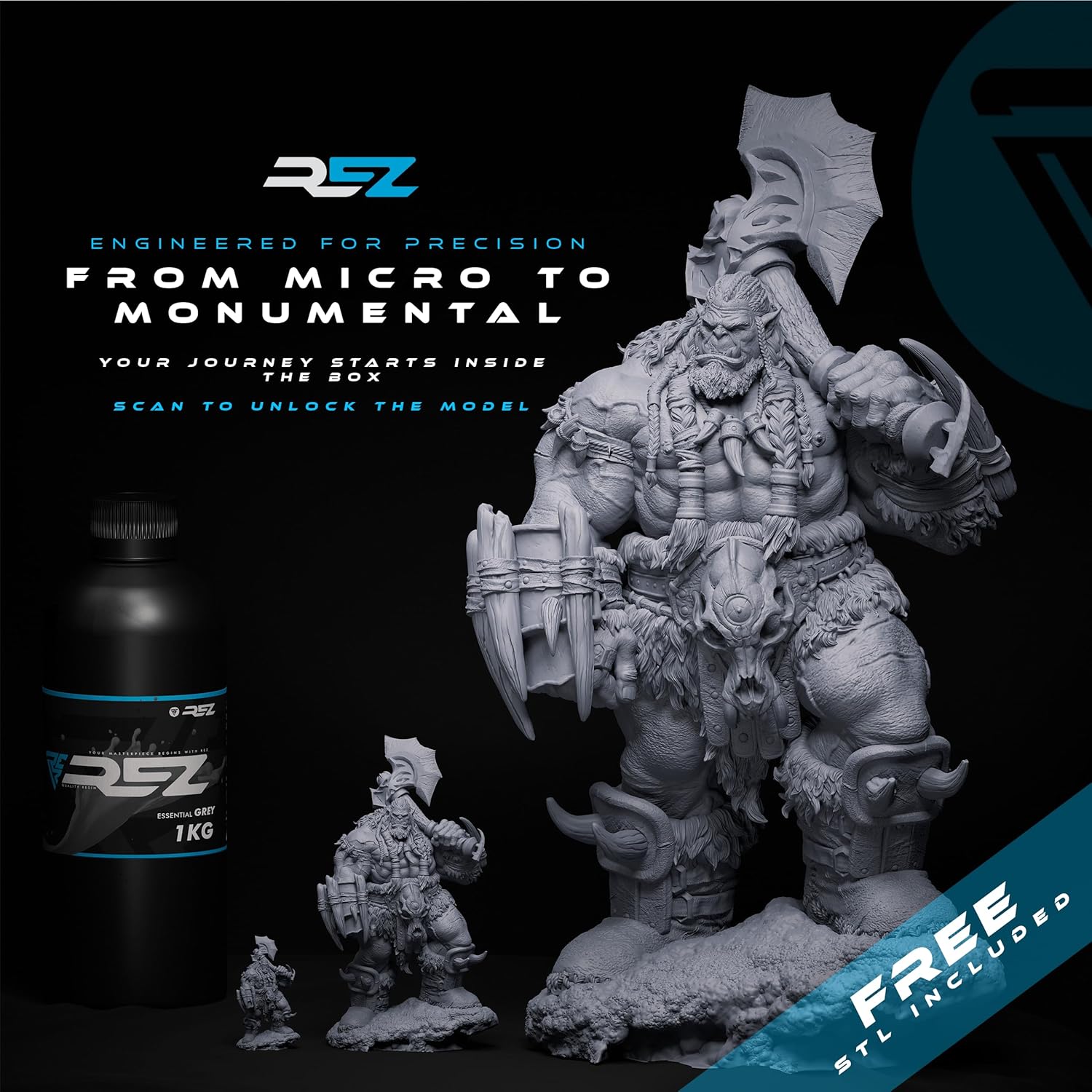 Resin 1 kg, Essential Grey UV Photopolymer Resin for SLA/DLP/LCD 3D Printers, Ultra-High Detail, Fast-Curing Tough Resin for Highly Detailed Models, high Strength and Low Odor, 2K 4K 6K 8K