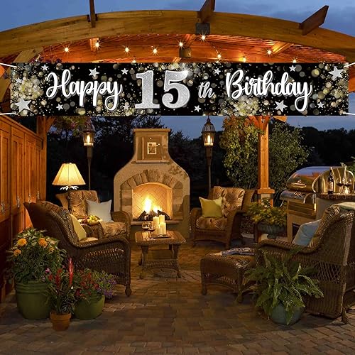 Miniatura 4 de Decoraciones de feliz cumpleaños 15, cartel colgante de cumpleaños grande de estrella de ensueño negro y plateado de 15 años, suministros para