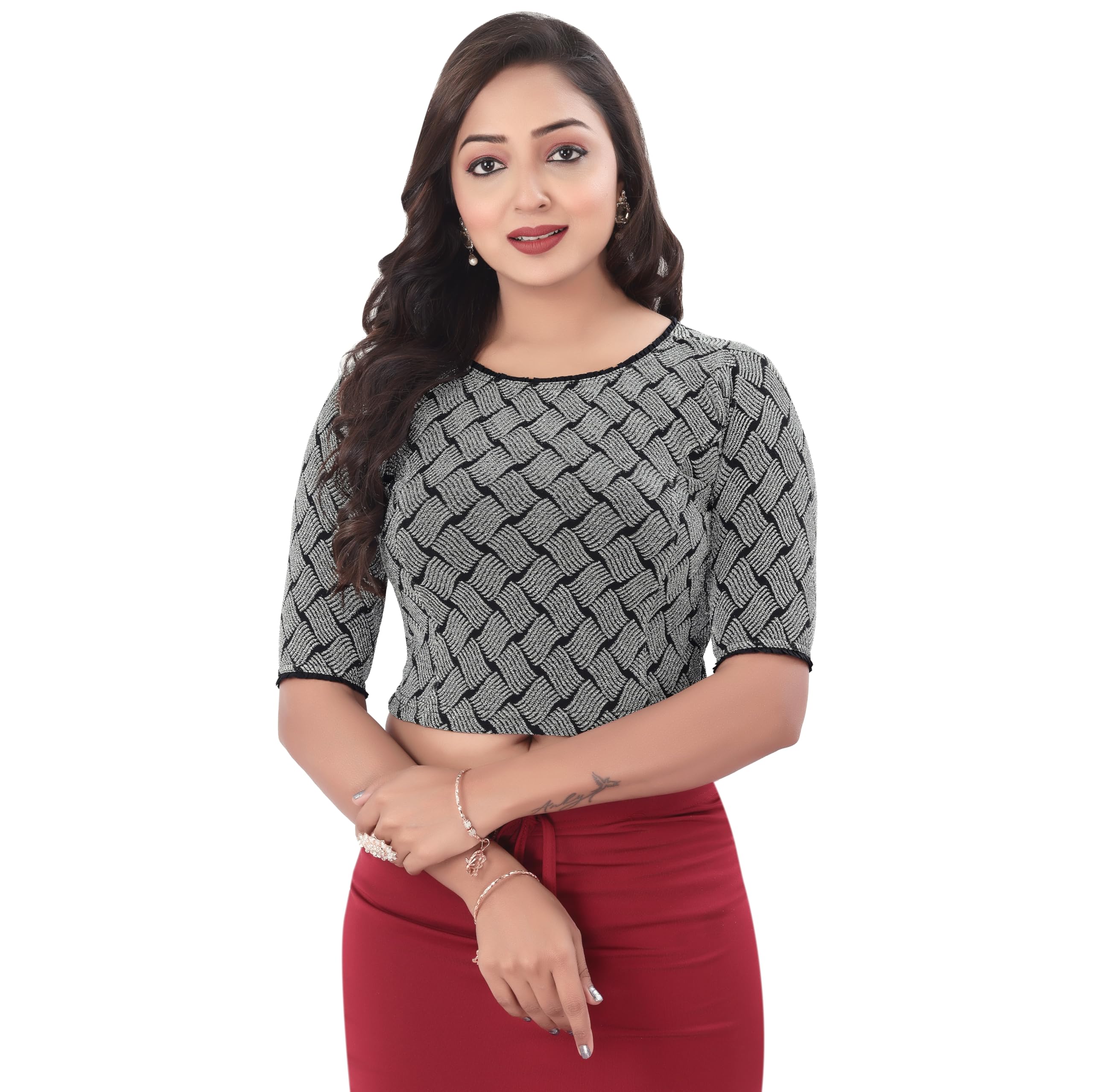 desi girl Emboridered Blouse with Silver Zari and Back Design| Ready to Wear Regular Fit Saree Blouse for Women | Stretchable, Stylish Readymade Blouse Perfect for Saree, Lehenga|Elbow Length Sleeves-picture-34