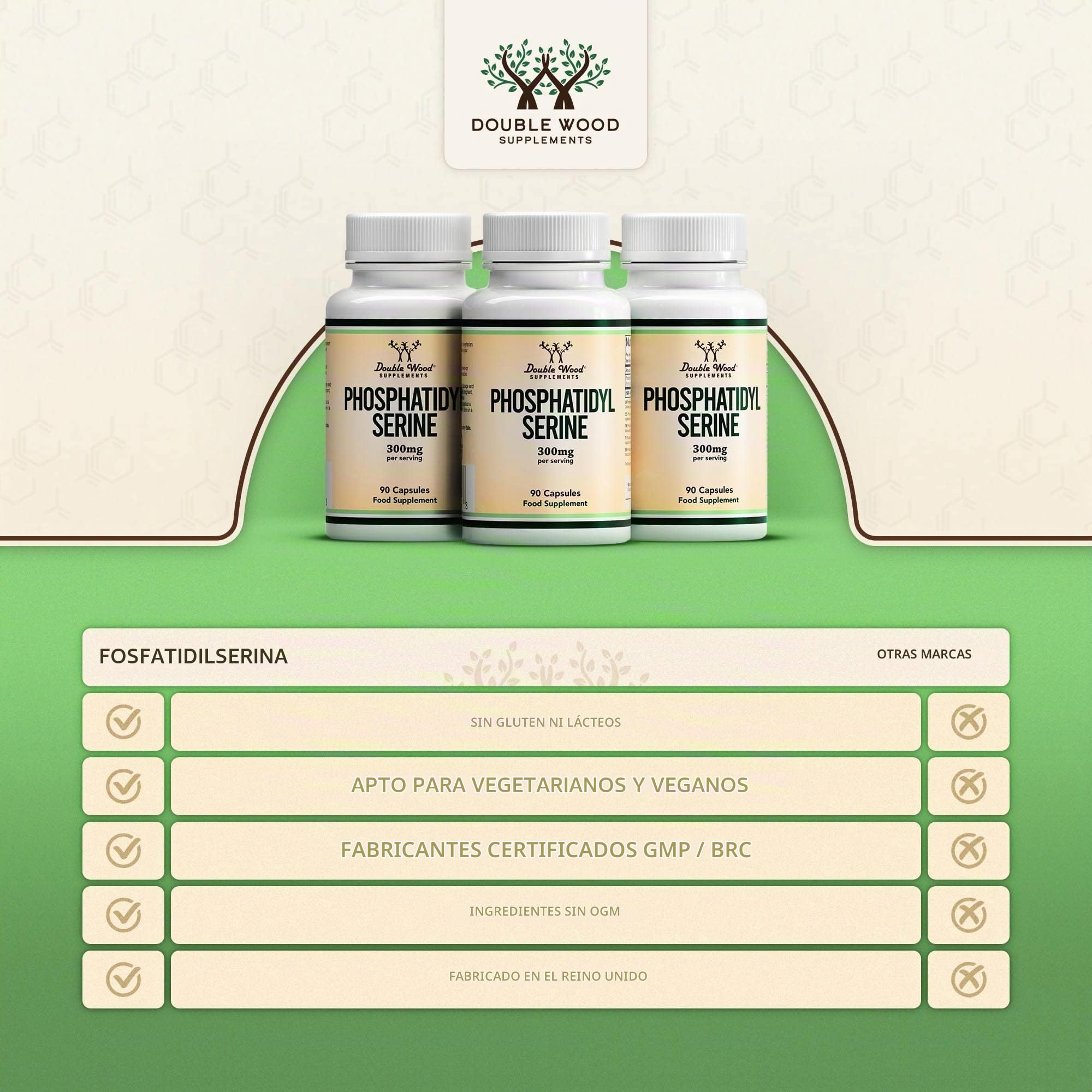 Double Wood Fosfatidilserina | 90 Cápsulas de Fosfatidilserina de Alta Potencia - 300mg por Porción | Sin OGM y Sin Gluten ​| Fabricado en el Reino Unido