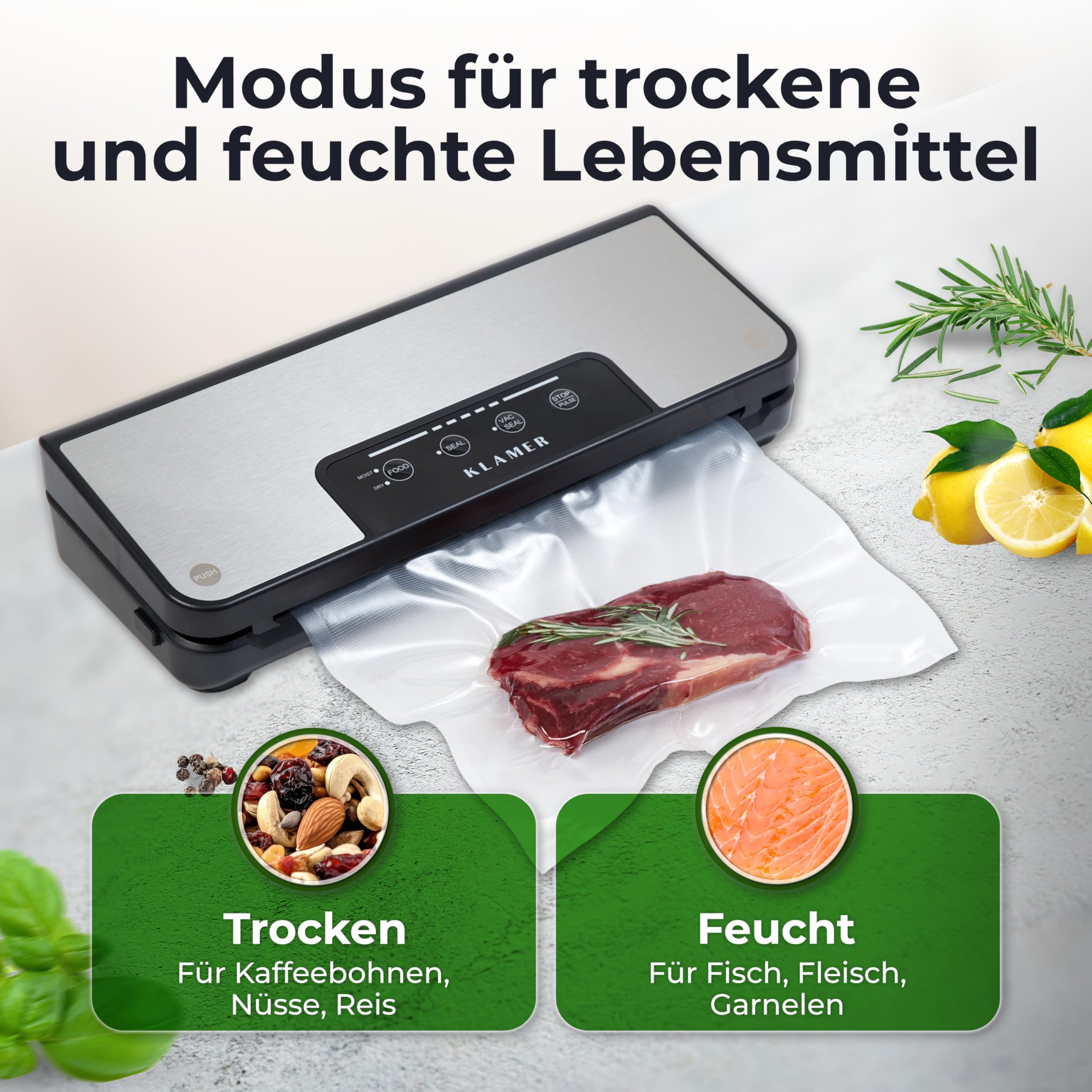 KLAMER Vakuumierer Pro 80 Vakuumiergerät für trockene & feuchte Lebensmittel Sous Vide inkl. Beutel und Schlauch