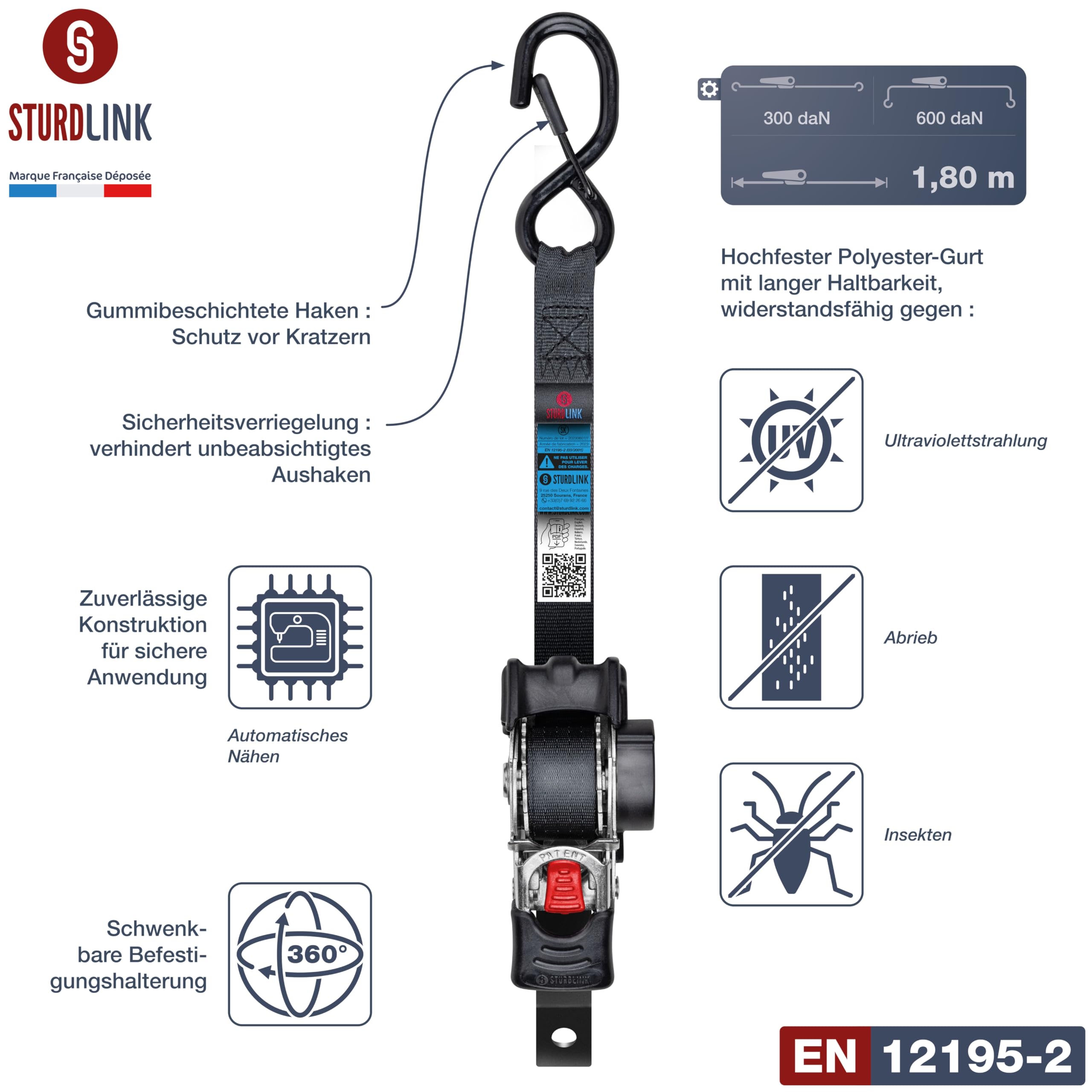 Automatischer Edelstahl-Ratschengurt 1,8m 25mm mit S-Haken, LC 300 daN, 600 daN in U-Form | Automatischer Gurtaufroller | Selbstaufrollender Spanngurt mit Ergonomischem Griff | 2er-Set + Tasche
