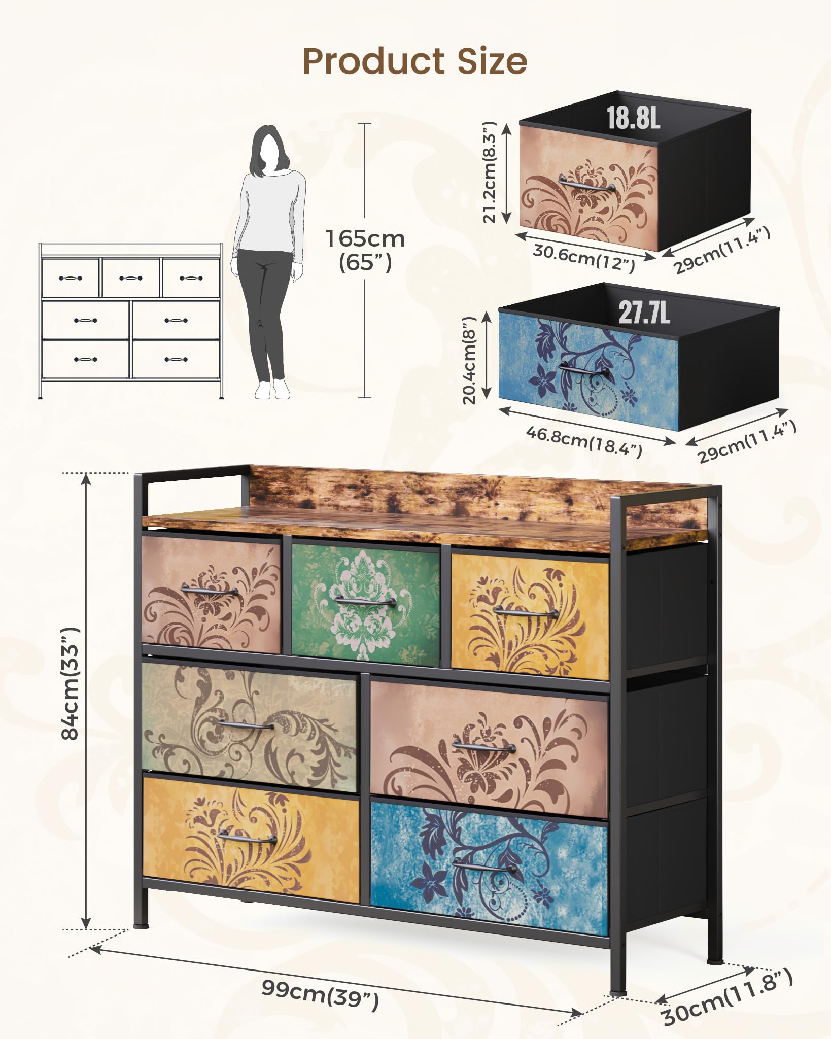 Mondeer Kommode mit 7 Schubladen, Schubladenschrank aus Vintage-Blumenmotiv Stoff Metallrahmen Rustikales, für Wohnzimmer Schlafzimmer Flur, 30 x 99 x 84 cm, Vintagebraun