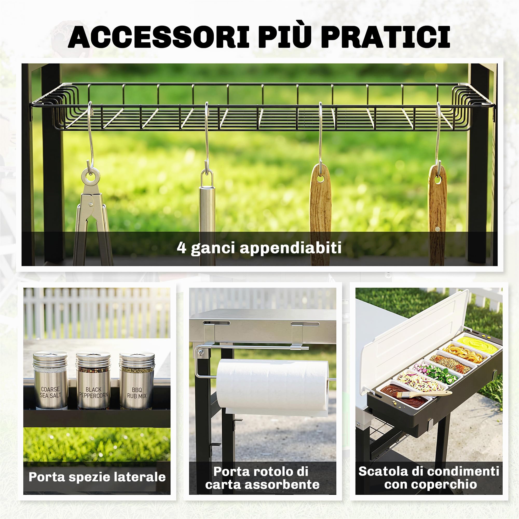 Outsunny Carrello Barbecue da Esterno con Piano in Acciaio Inossidabile, Carrello Cucina da Esterno con 2 Ruote, Porta Spezie, 4 Ganci e Maniglia Laterale, 114x61x81 cm, Nero