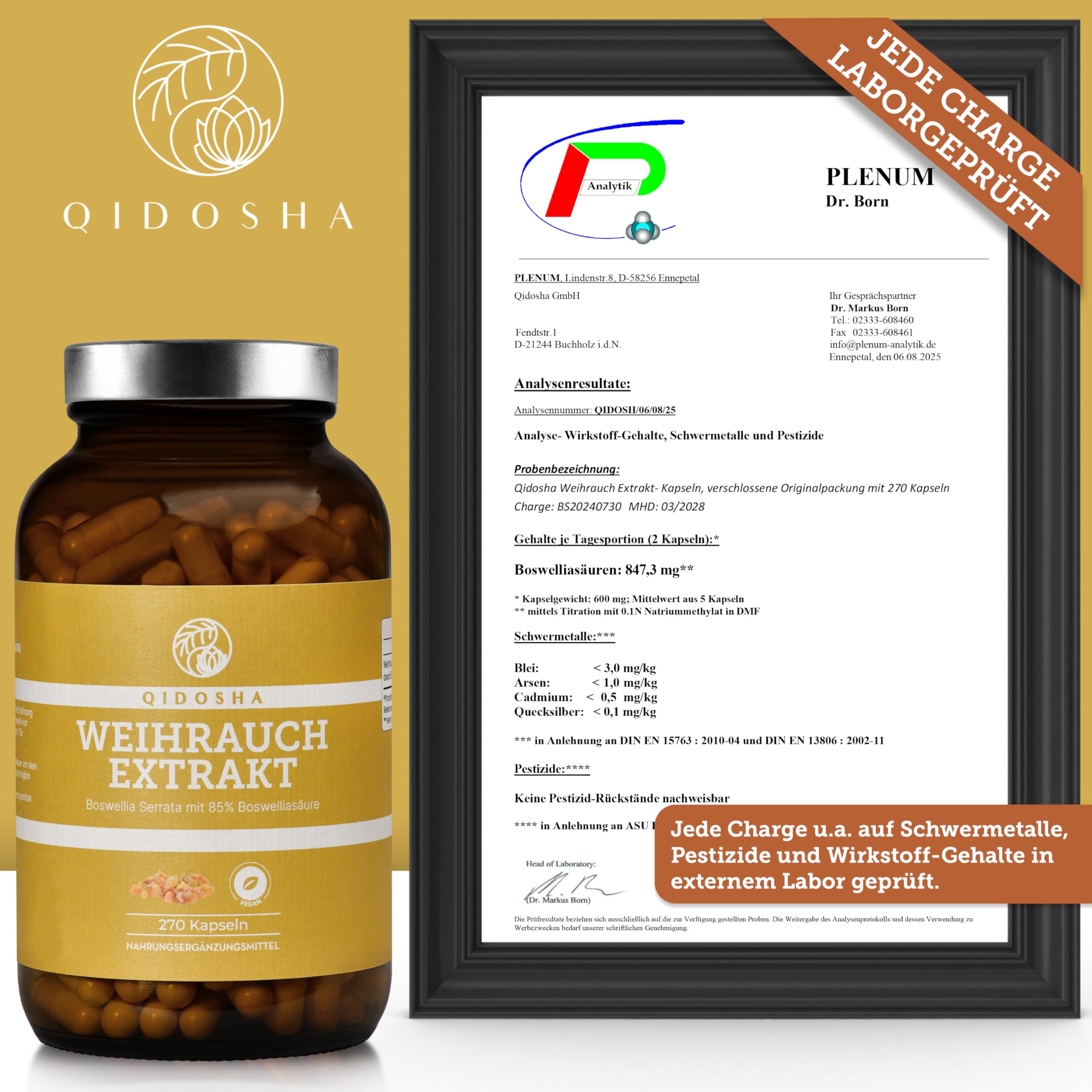 QIDOSHA® Boswellia serrata Weihrauchkapseln hochdosiert, TESTSIEGER 08/23*, 270 Stk/Glas, 85% Boswellia-Säure, 500mg Weihrauch Extrakt/Kapsel, Weihrauch Kapseln hochkonzentriert