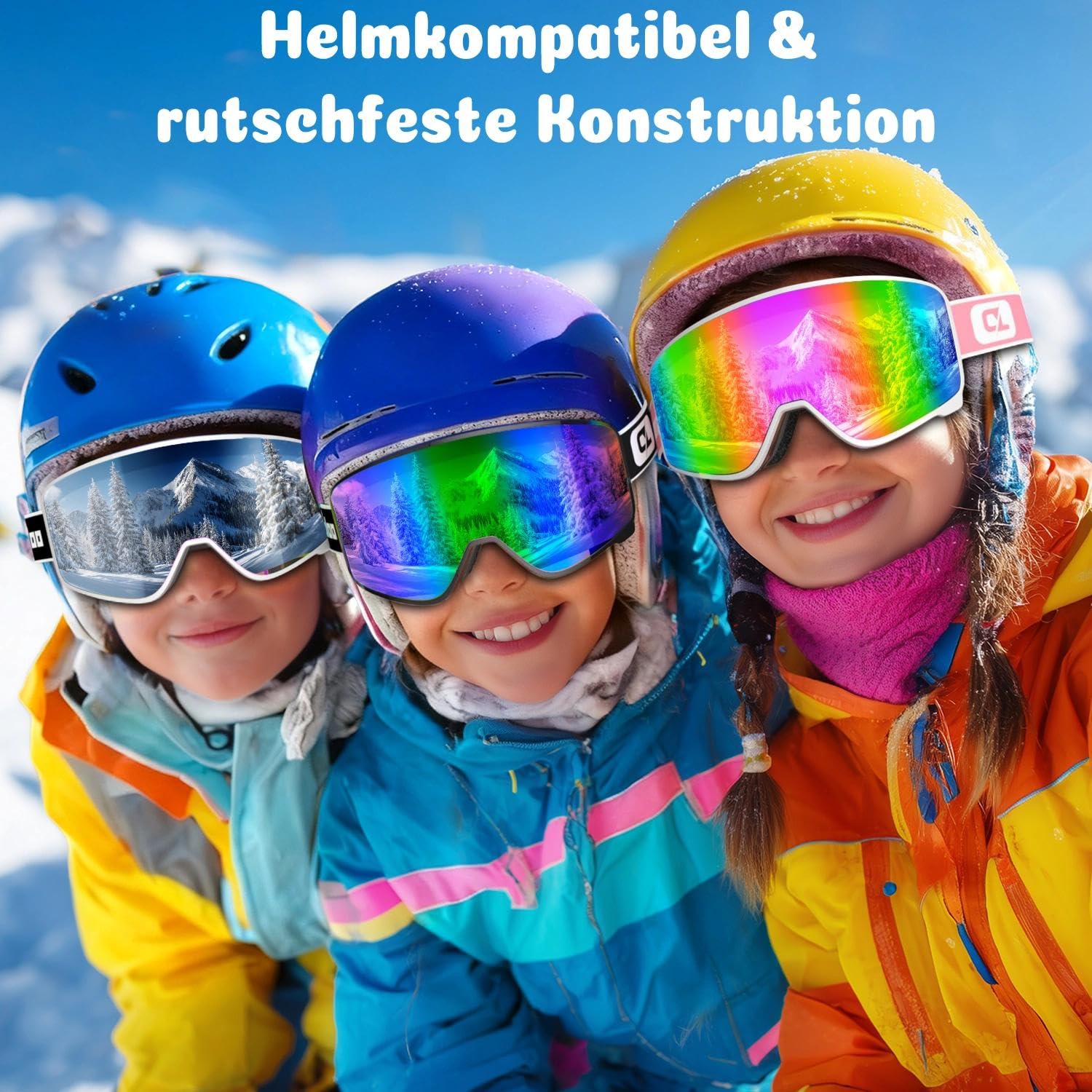COOLOO Skibrille Kinder, Ski Brille für Brillenträger 100% UV-Schutz & Anti Fog Auswechselbare Linsen Rutschfestes Kopfband Kompatibler Helm Snowboardbrille für Kinder 3-14 Jahre