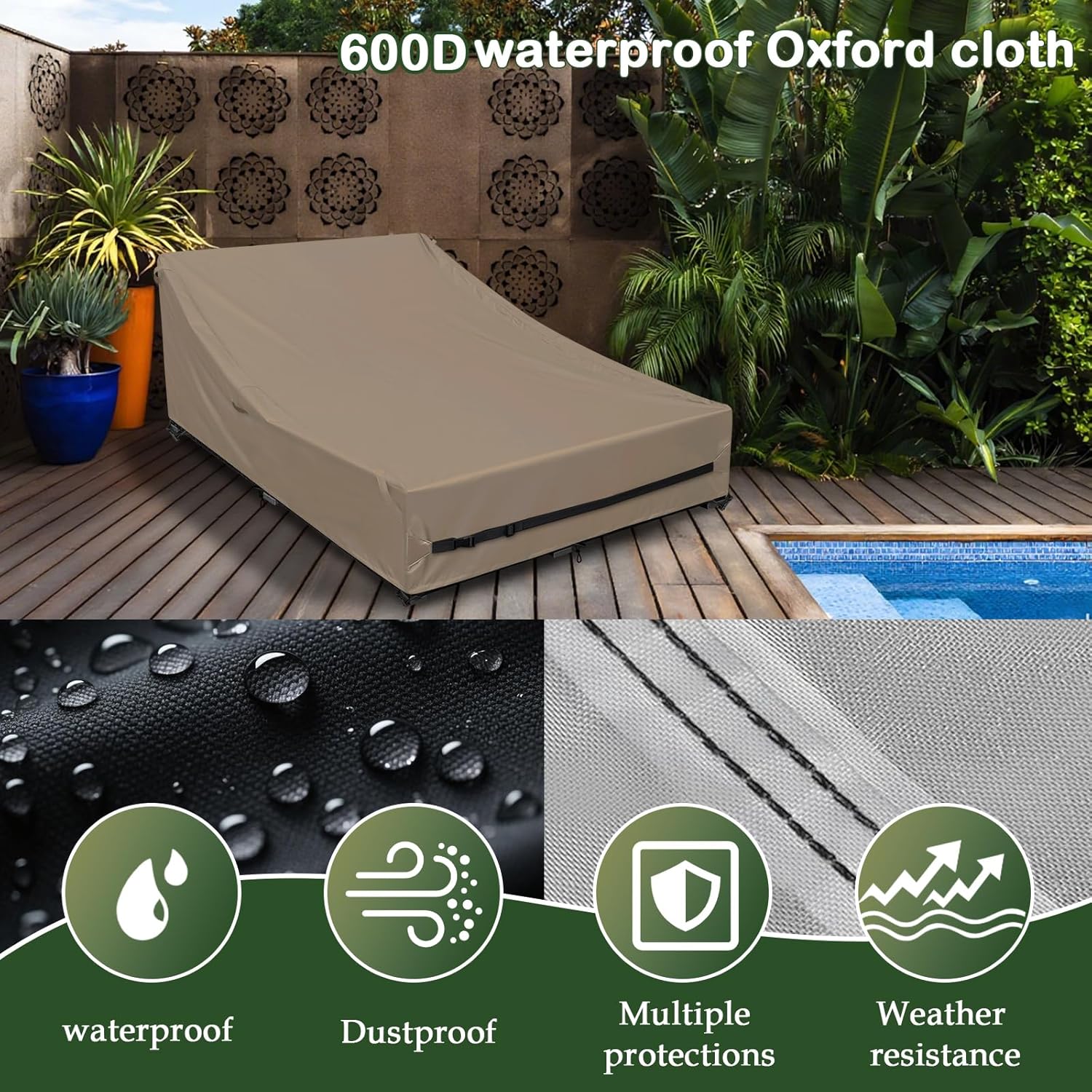 Waterproof Outdoor Daybed Cover Heavy Duty 600D Weather-Resistant Patio Sunbed Wicker Furniture Sofa Covers 63"L x 54"W x 28"H UV Resistant Anti-Fade Material,Outdoor Canopy Day bed Sofas Cover,Camel