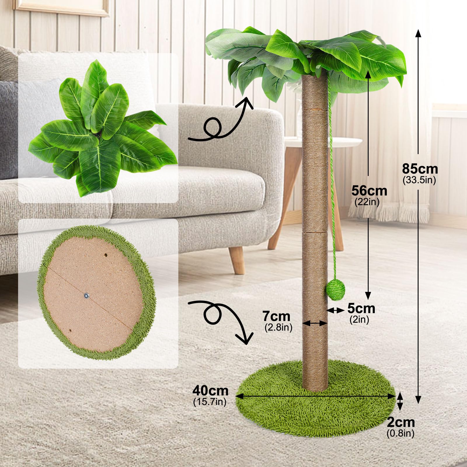 Masthome Griffoir pour Chats, 85 Cm Poteau Chat, Colonne en Sisal Naturel et Base de Couverture en Moquette Douce avec Boule Suspendue, Griffoir pour Chats de Tous âGes - Vert