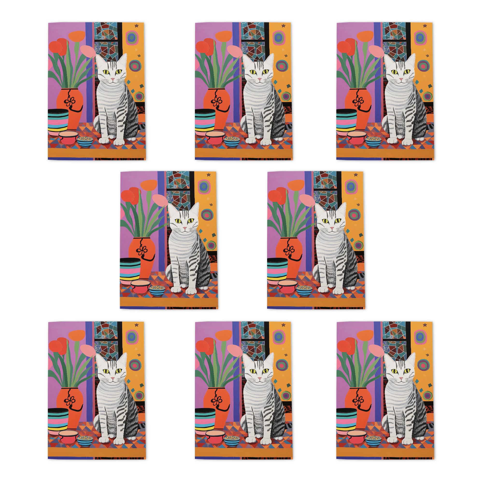 Cat Lovers Folk Art Greeting Cards Pack of 8 Bright Floral Feline Note Cards Any Occasion Blank Inside A6 10x15cm