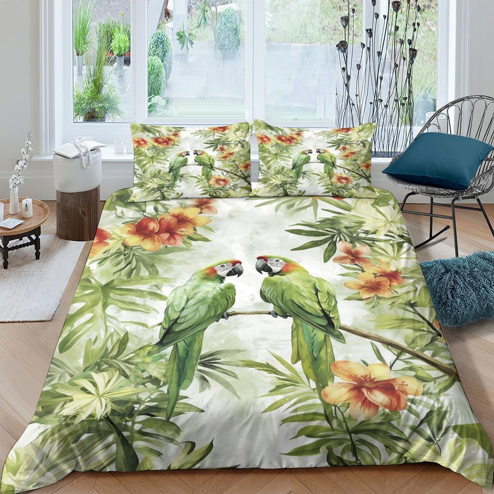 Ctjqhvkz Style-2 3D Printed Tropical Parrot Fitted Sheet Microfiber Soft Floral Jungle Mattress Cover For Bedroom Guest Room Decor Single（135X200cm）