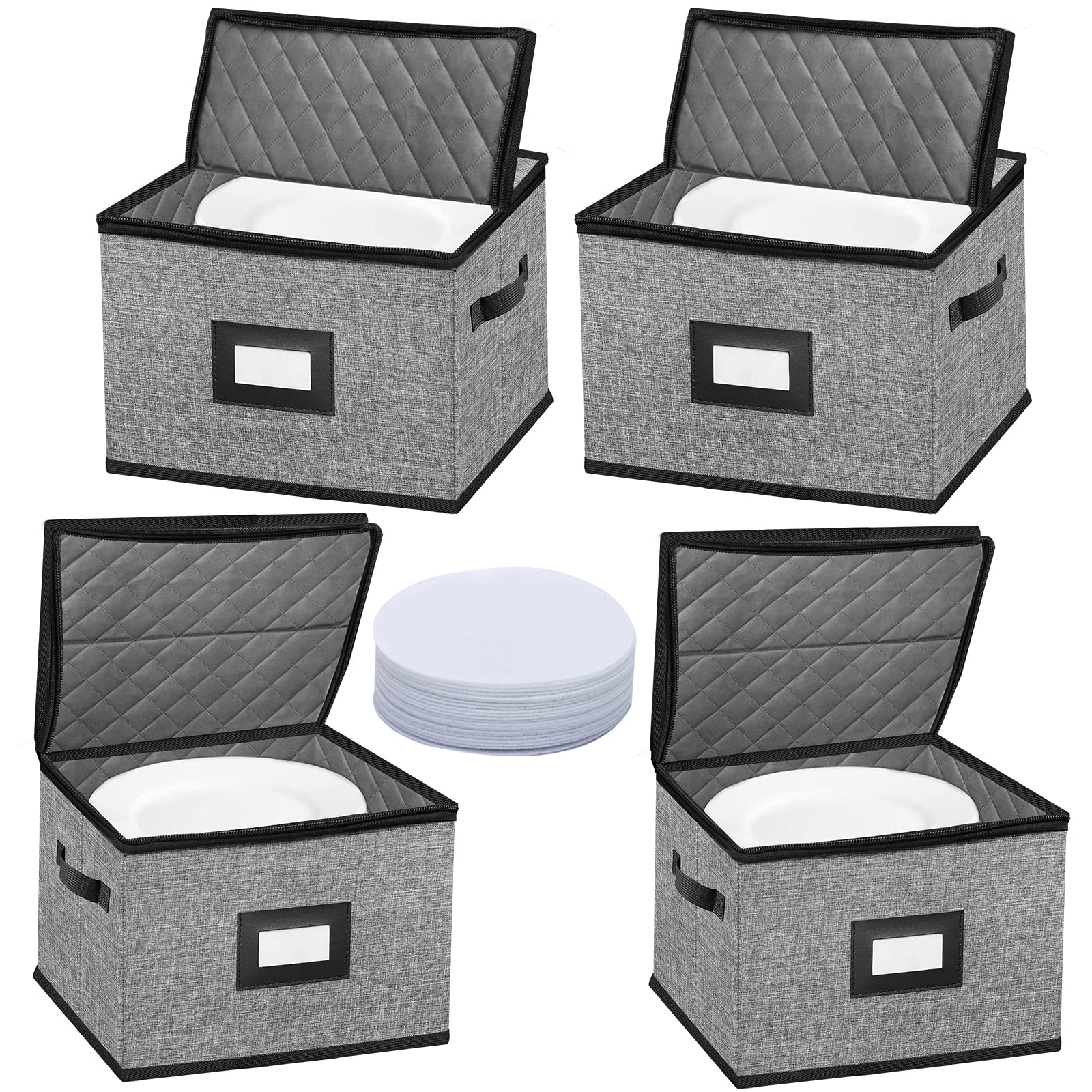 China Storage Containers-4PACK Quilted Dish Storage Containers with Lid Hard Shell for Moving Transport, Dinnerware,Stackable Plate Storage,24 Felt Plate Dividers Included,12 * 12 * 8in