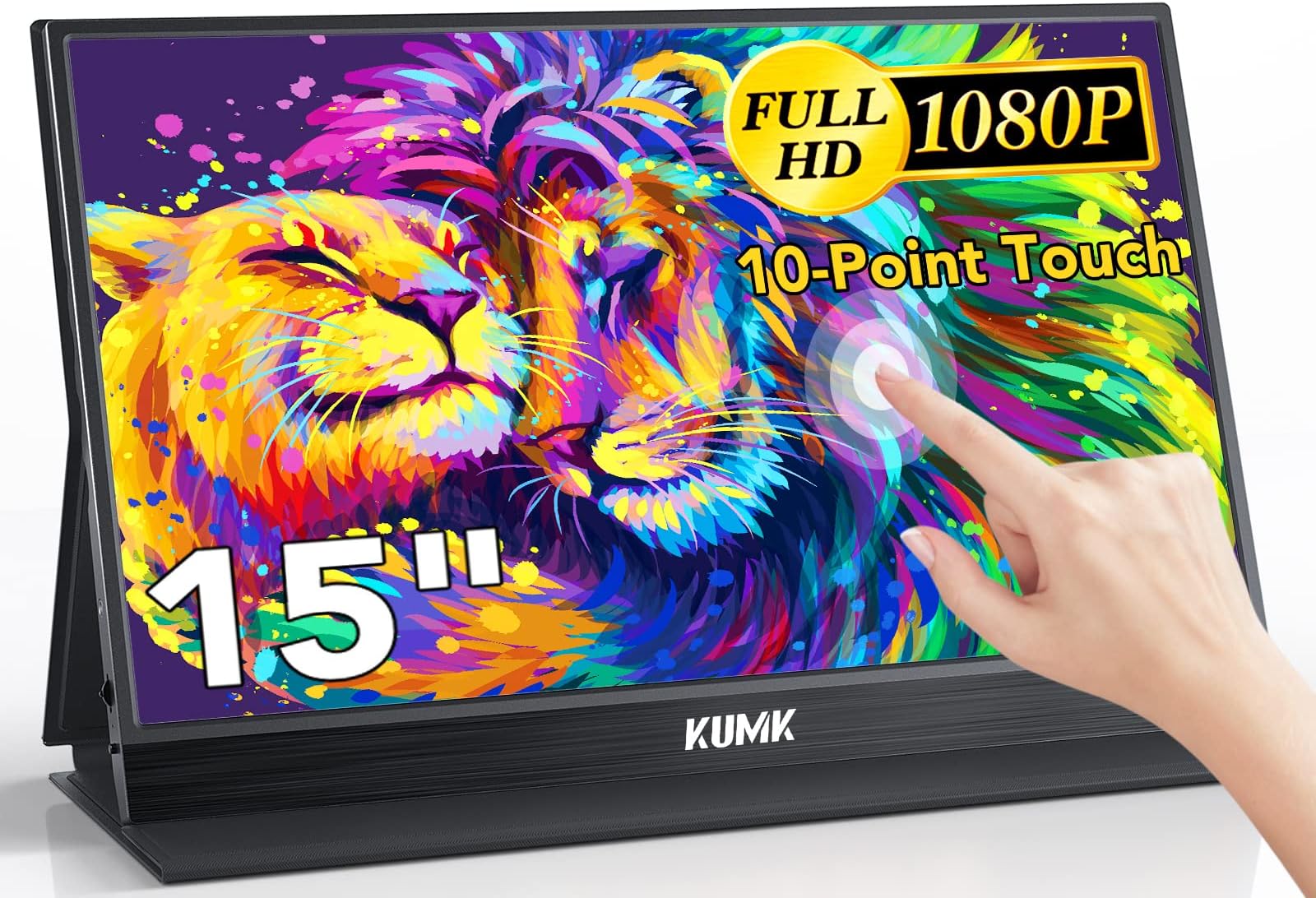 KUMK Portable Monitor Touchscreen, 15-inch 1920x1080 Full HD IPS 10-Point Capacitive Touchscreen, with Type-C & HDMI Portable Laptop Monitor, Dual Speakers for PC/Laptop/Phone/PS3/PS4/PS5/Xbox/Switch