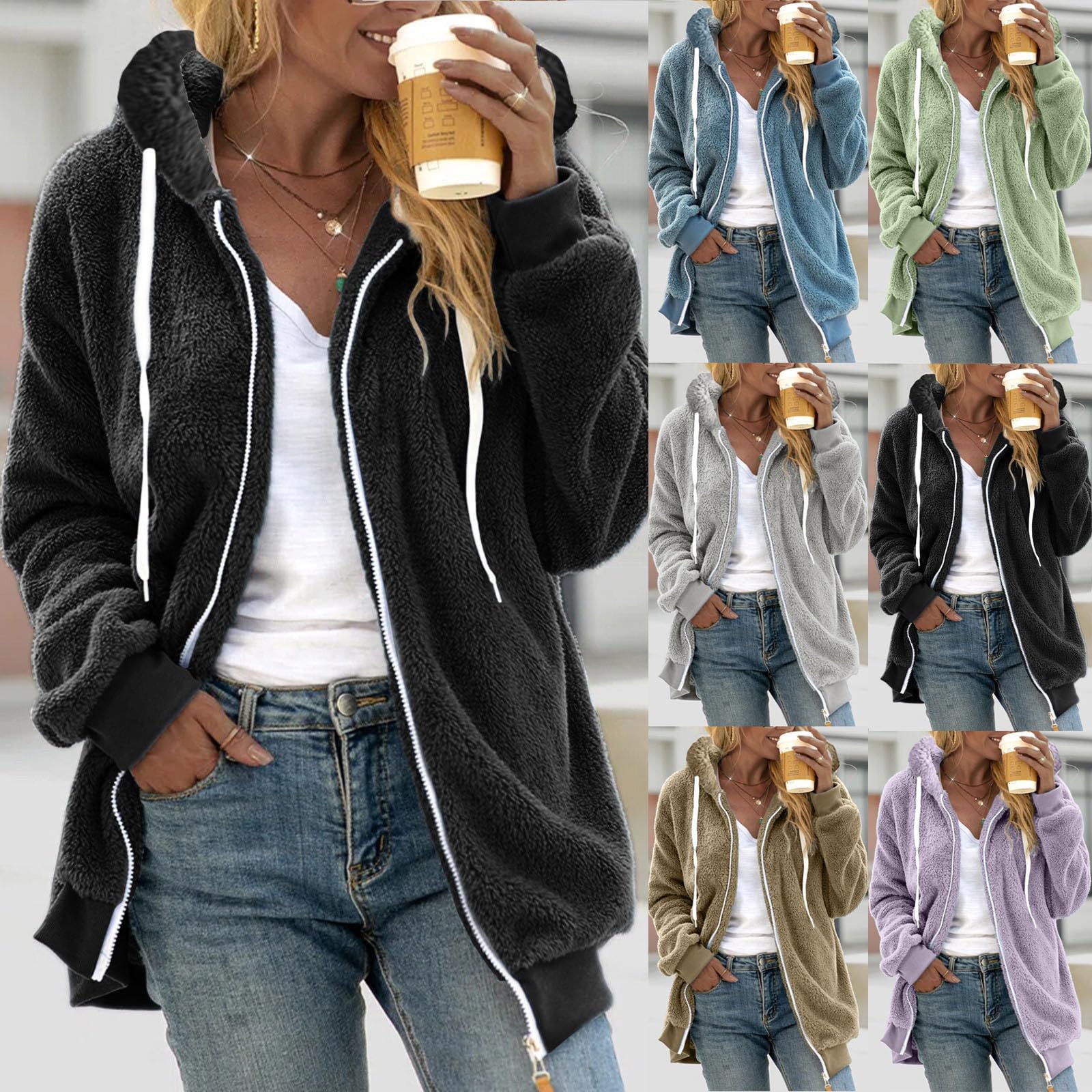 Fleecejacke Damen Winterjacke Lang Teddyfleece Wintermantel mit Kapuze