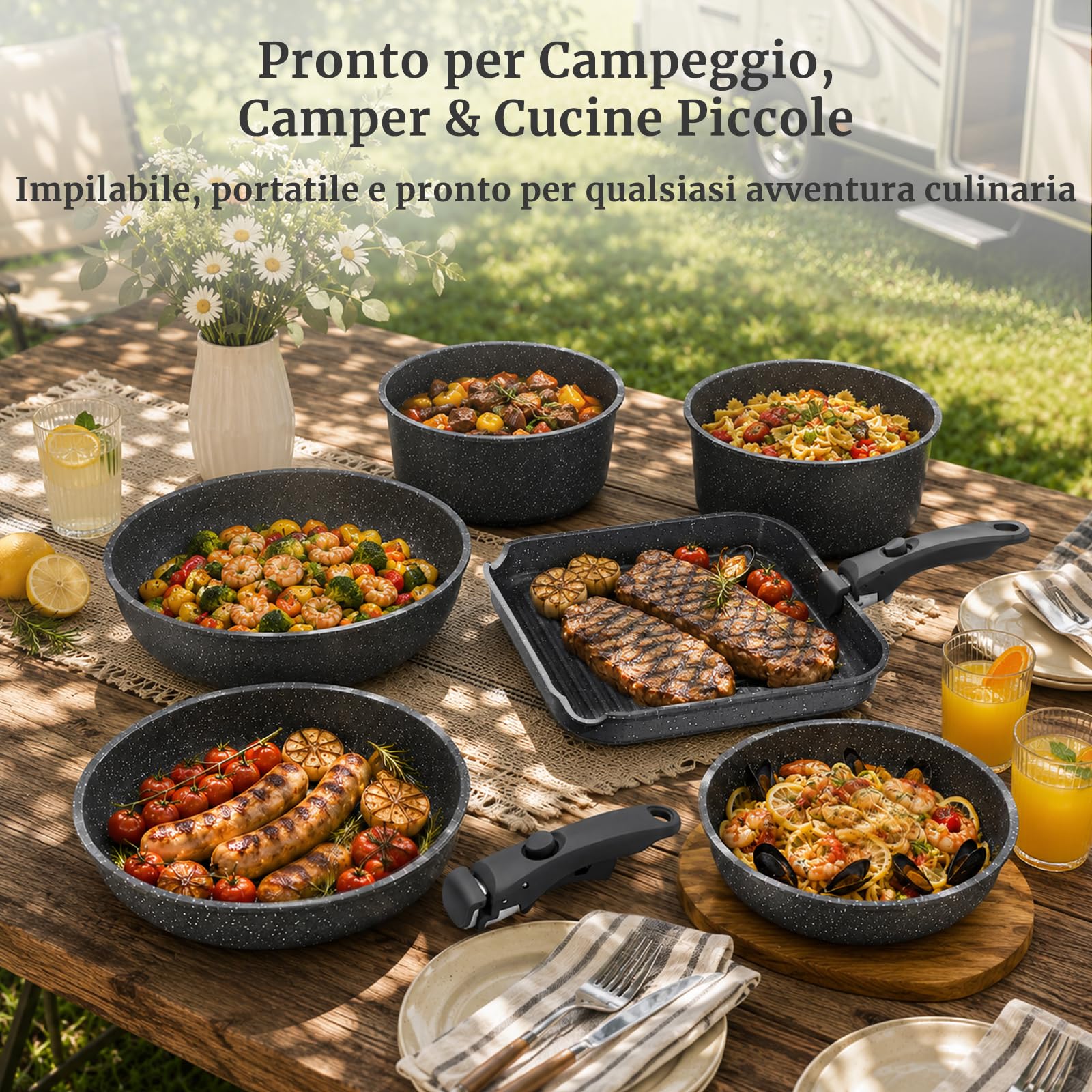 YASHE Pentole induzione 21 pezzi, atossiche, senza PTFE e PFAS | Set di Pentole e Padelle Antiaderente in Granito, Tegame con Coperchio, Salvaspazio Impilabile per Camper