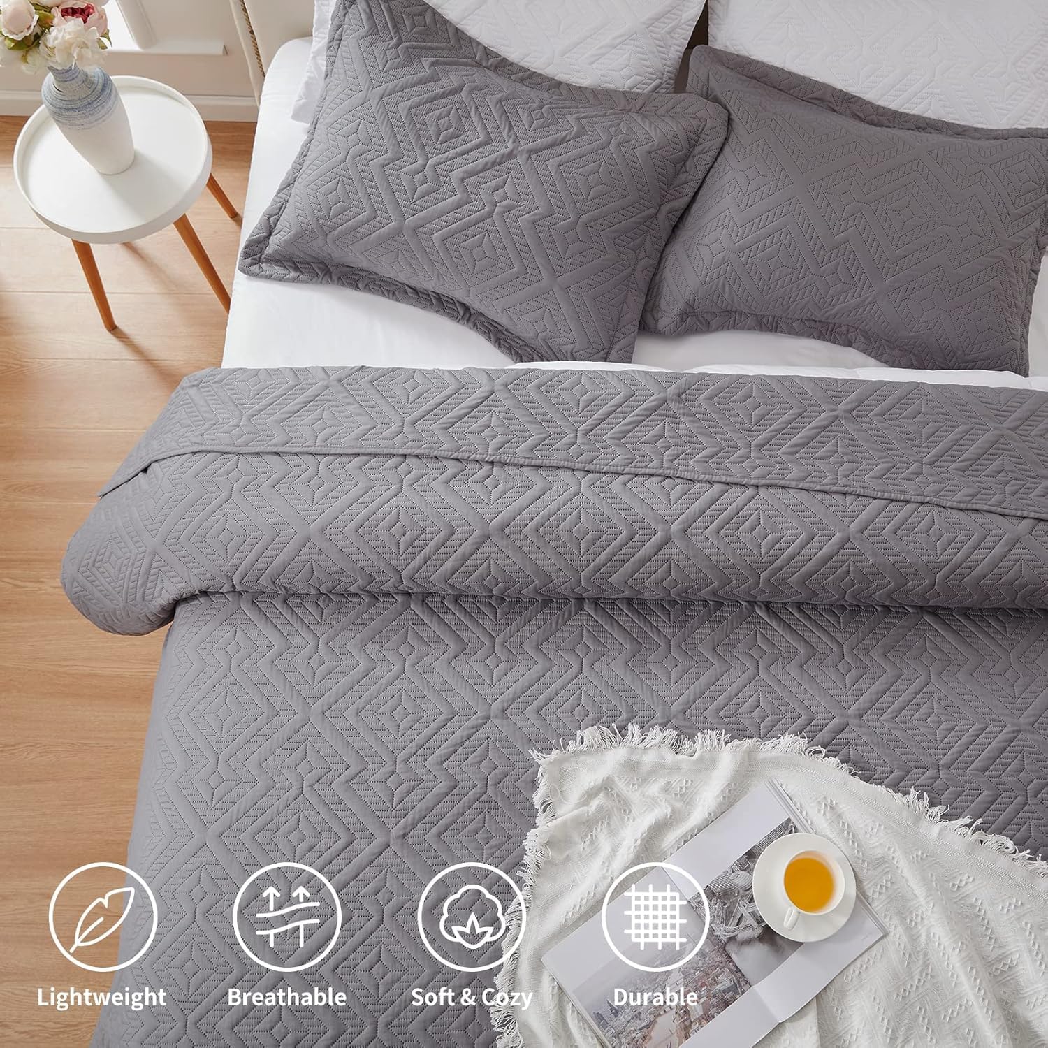 Set de colcha doble/Queen, 3 piezas, microfibra suave y ligera, colcha de verano y set de cubrecama para todo el año, 229 x 249 cm, gris,(1 colcha y 2 fundas de almohada)