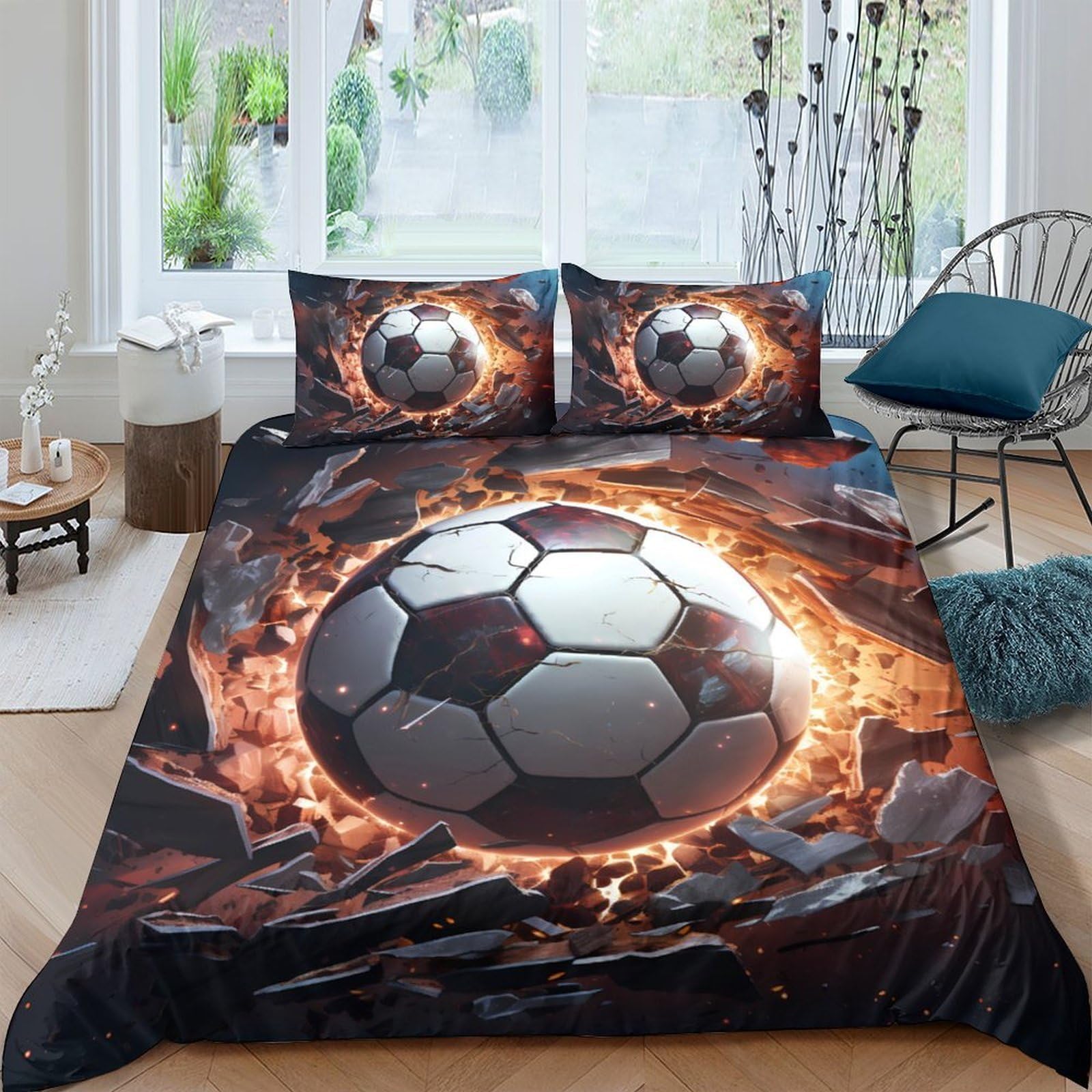 Ctjqhvkz Style-9 3D Printed Fiery Soccer Ball Fitted Sheet Microfiber Soft Bed Cover For Bedroom Dorm Mattress Protection Home Decor Single（135X200cm）