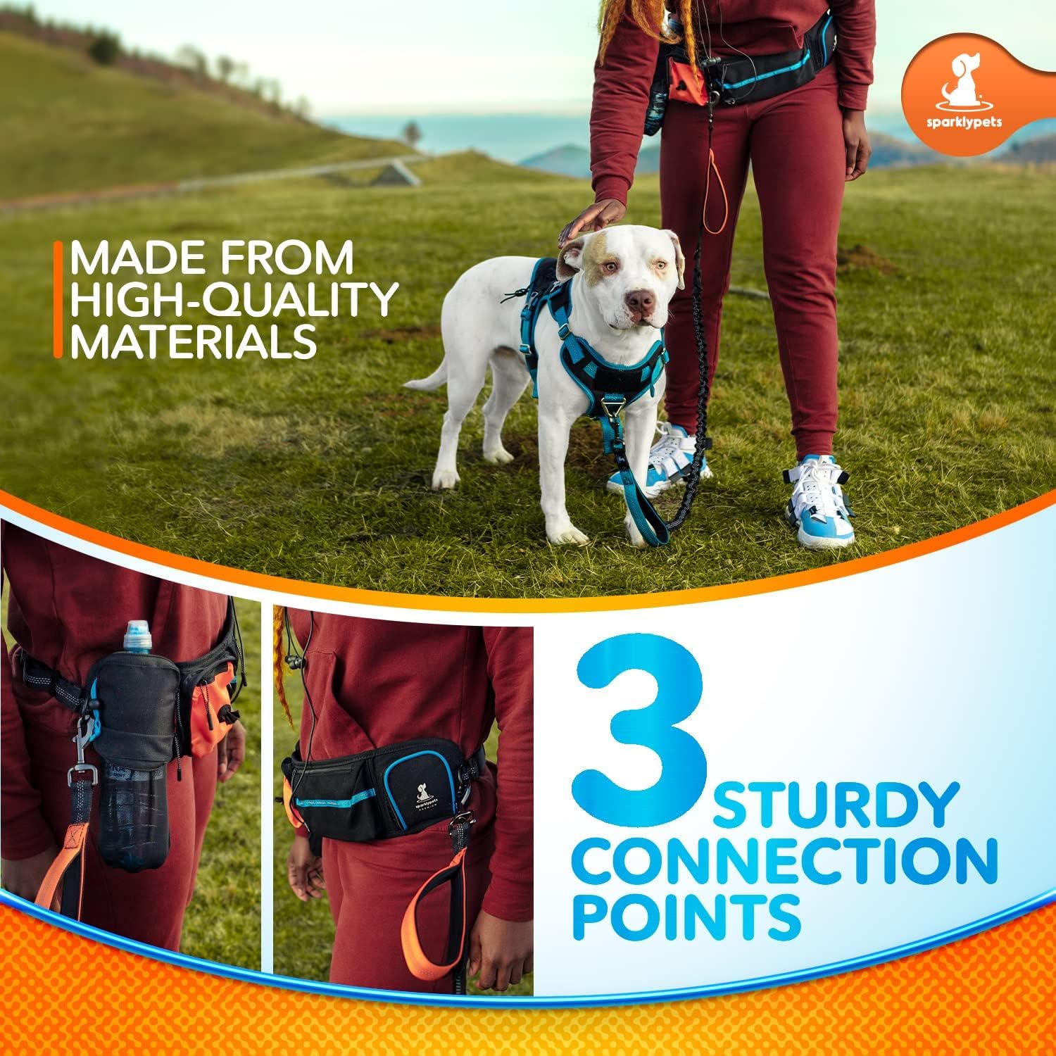 SparklyPets Active Waist Leash pour Promener Le Chien – Laisse Mains Libres – Complet avec Support de téléphone, Sac à déjections Canines Amovible, Pochette à friandises pour Chien et Porte-Bouteille