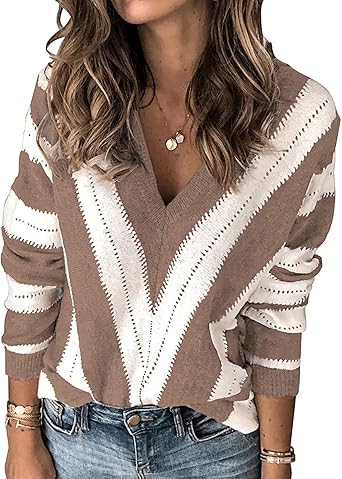 PRETTYGARDEN Sweaters for Women 2025 Long Sleeve Striped Knitted V Neck Pullover Jumper Tops Fall Outfits Fashion Clothing