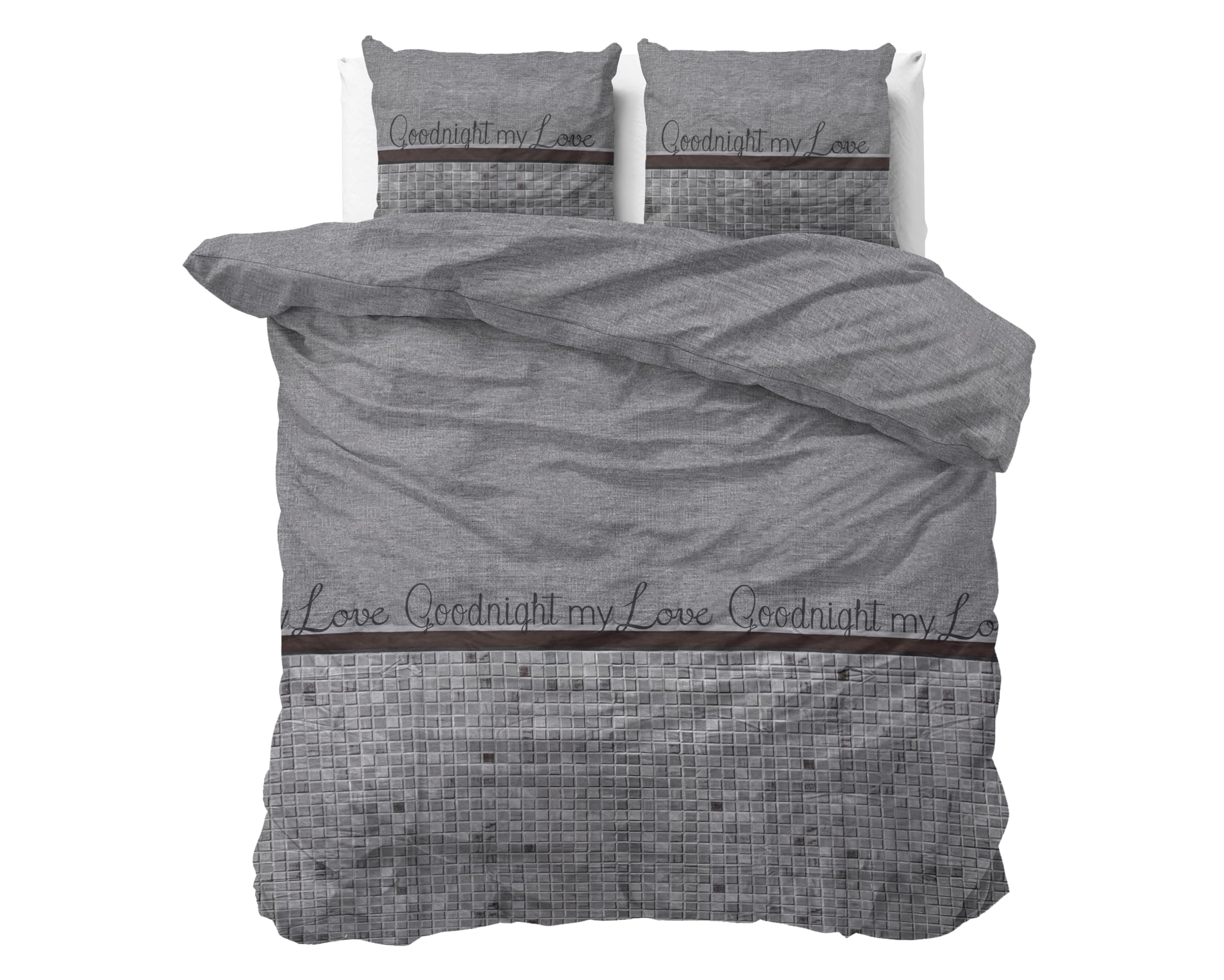 SleepTime Funda Nórdica Algodón, Buenas Noches Mi Amor, Gris, Cama 150, 240cm x 220cm, con 2 Funda de Almohada de 60cm x 70cm