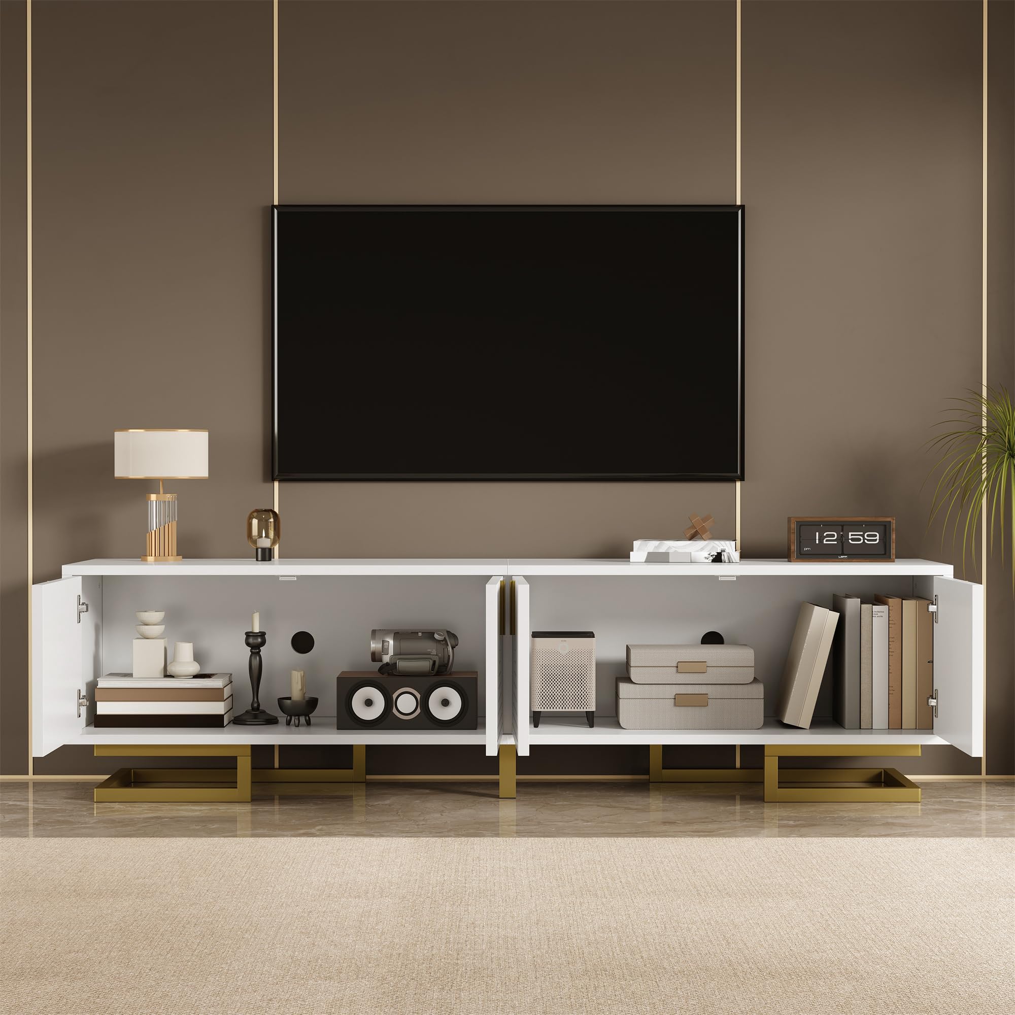 Mueble de TV moderno de 200 cm, diseño boho con líneas geométricas negras, mesa de televisión para hasta 90 pulgadas, gran espacio de almacenamiento, muebles de salón