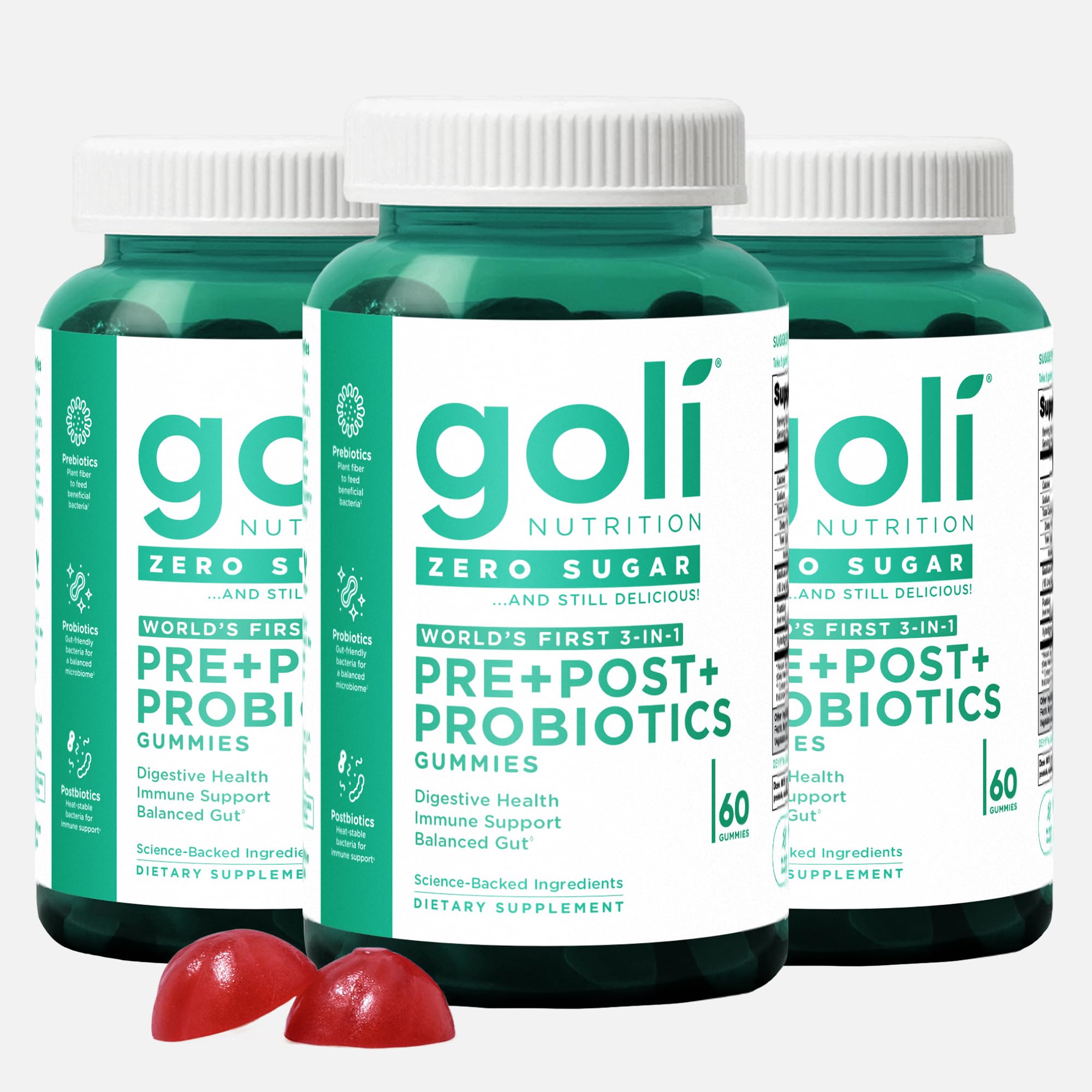 Goli Zero Sugar Pre Pro Postbiotic Gummies, 60 Count Each (3 Pack, 180 Total) - Worlds First 3-in-1 with DE111, XOS, MCC1849 - No Sugar Alcohols - Vegan, Keto-Friendly, Non-GMO 180 Count