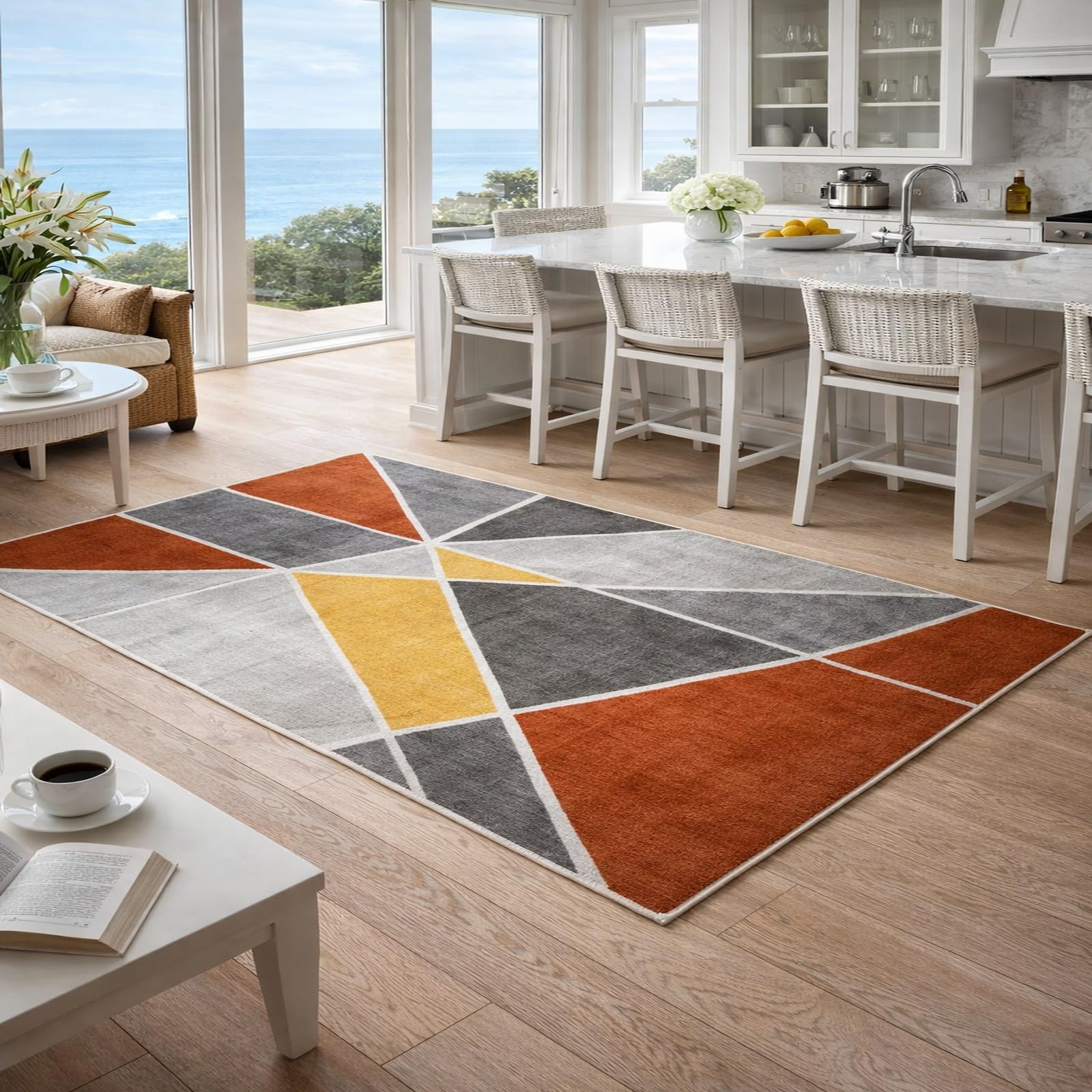 Générique Tapis de décoration, Moderne en Terre Cuite Rouge orangé, Gris, Jaune et Blanc, 150 x 200 cm, Tapis à Poils Courts Doux pour Salon, Chambre à Coucher Chevet décoration intérieure,