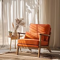 VINGLI Mid Century Modern Accent Chair with Wide Armrests, Solid Wood Frame, Burnt Orange Linen Fabric & Lumbar Pillow - Comfy Reading Chair for Living Room