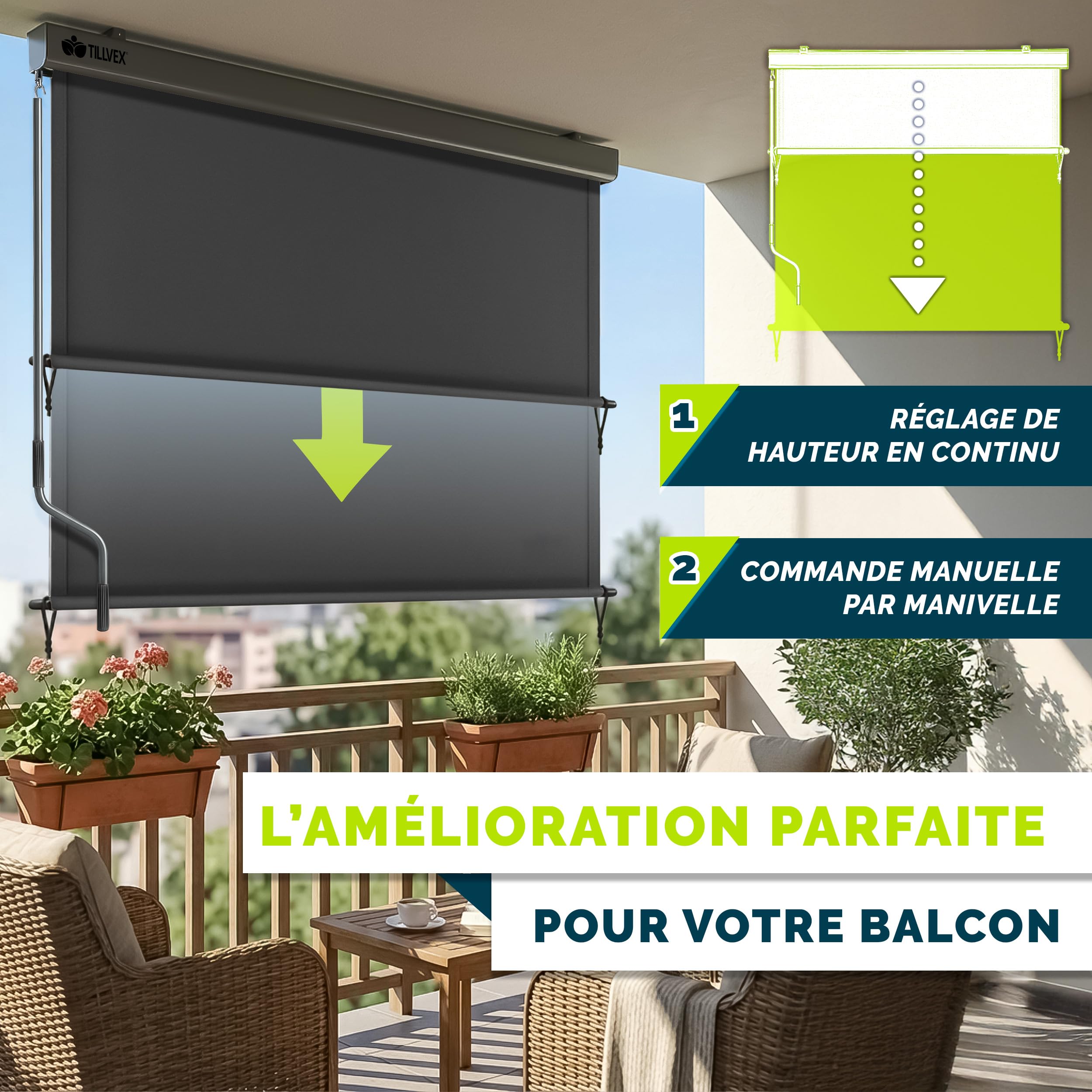 tillvex® Store Vertical pour extérieur et intérieur 180 x 250 cm + Housse de Protection - Store extérieur imperméable avec manivelle pour Balcon, Terrasse et Jardin - Protection Solaire en Aluminium