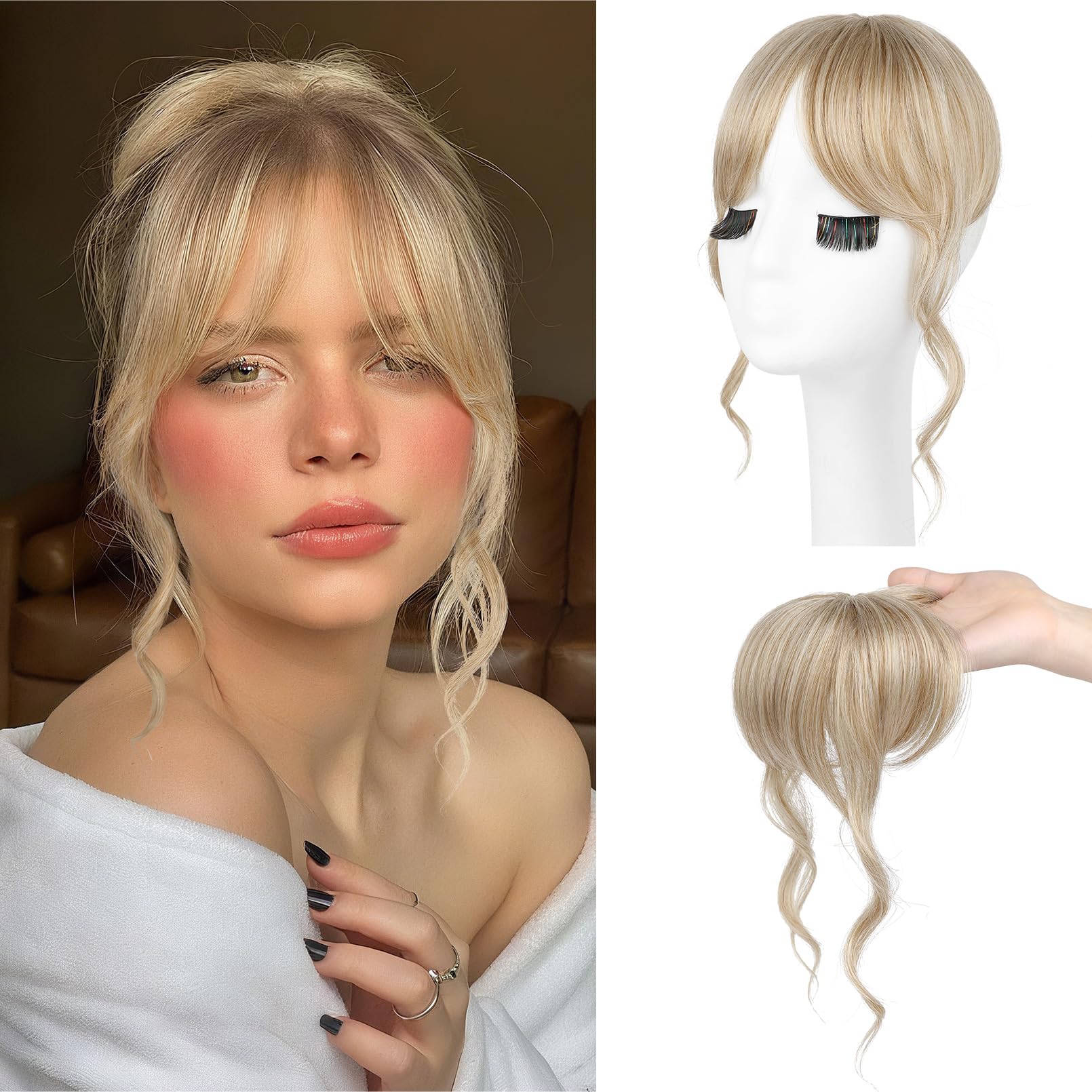 Flufymooz Clip in Bangs, 30 cm lange französischer Pony mit Schläfenpartie, Haarteile für Frauen-Mittelblond mit hellblonden Strähnchen