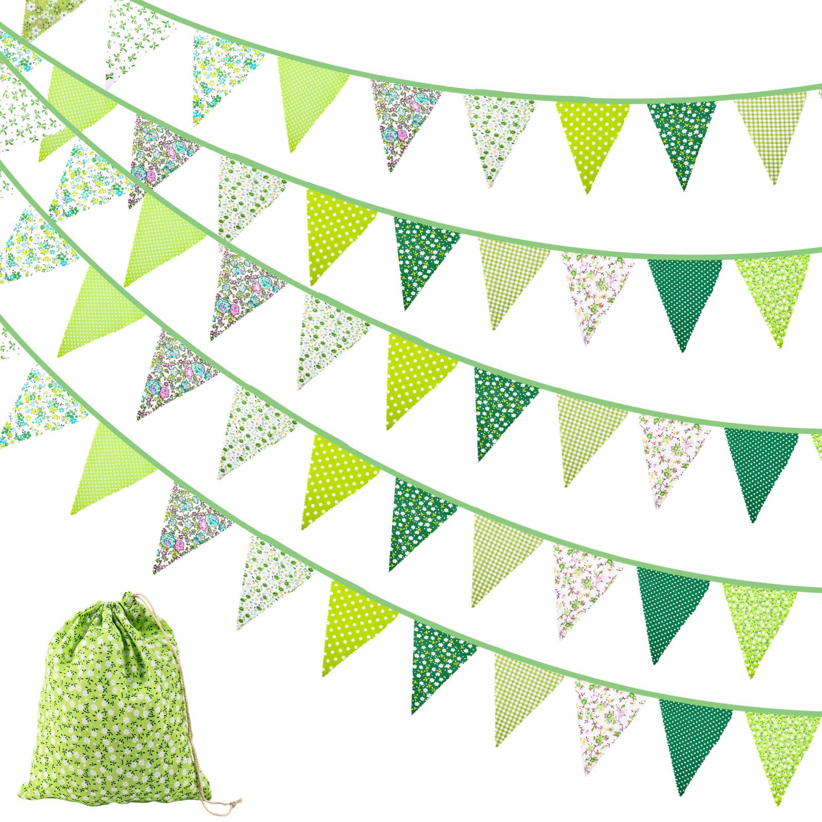 40FT/12M Fabric Bunting Banner, 47PCS Fabric Triangle Flag, Reusable Cotton Bunting Floral Pennants, 15x19 CM Outdoor Bunting Party Bunting for Garden Wedding Baby Shower Birthday Parties (Green)