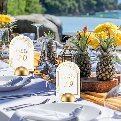 Miniatura 6 de 60 tarjetas de números de mesa de arco con soportes de números de mesa redondos, soportes de números de boda modernos dorados, letreros de número de