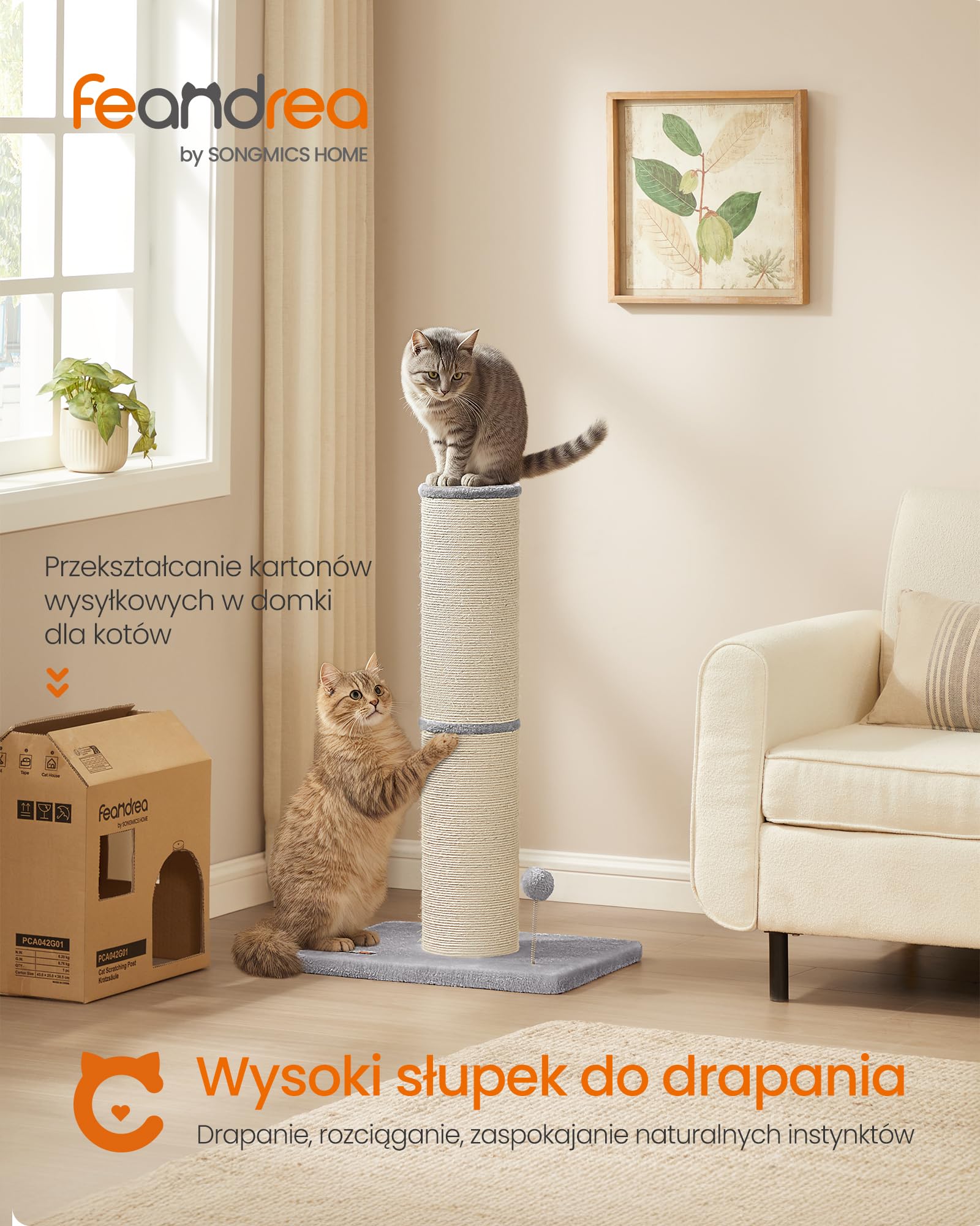 Feandrea Drzewo dla kota, wys. 85 cm, drapak XXL, pień o grubości 17 cm, drzewo dla kota, takich jak Maine Coon, pień z sizalu, z pluszową piłeczką i dzwoneczkiem, gołębioszary PCA042G01