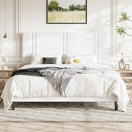 Miniatura 15 de Allewie Base de cama de plataforma Queen con cabecera ajustable, tapizado de terciopelo de felpa, canal vertical acolchonado, listones de madera