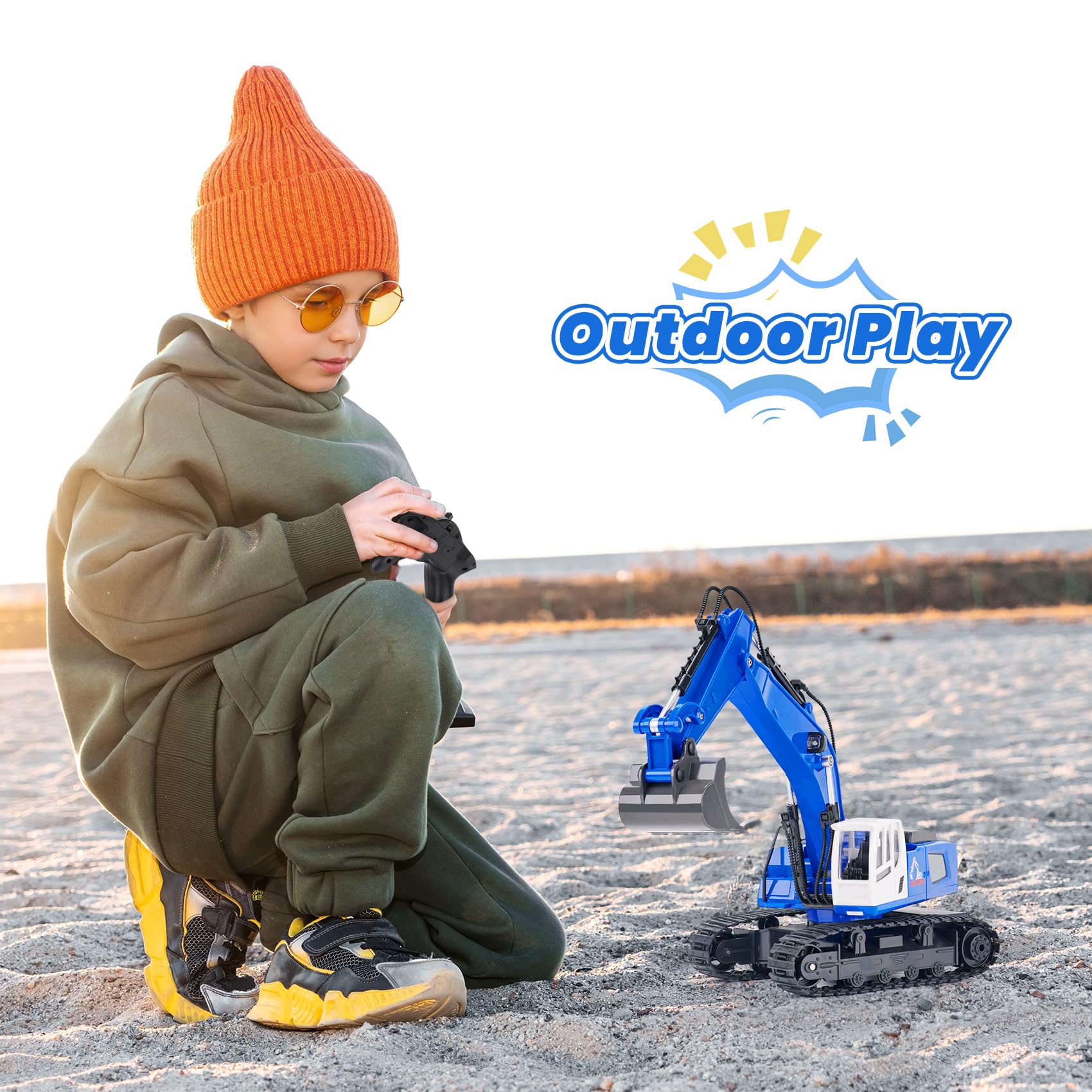 NEXBOX Excavatrice télécommandée Cadeau pour Enfants - Jouet RC avec Pelle en métal, Simulation de fumée, lumière et Effets sonores