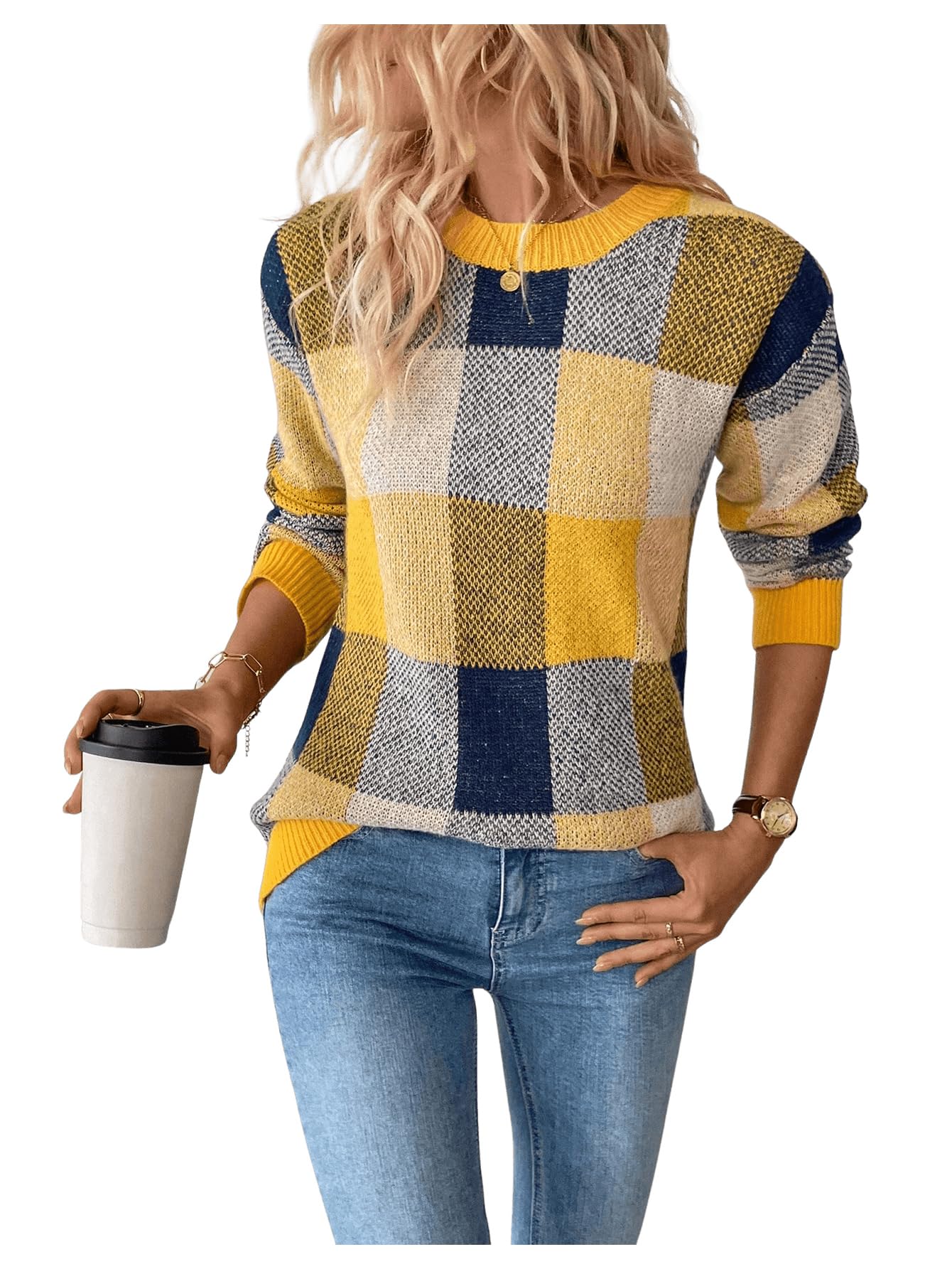 GORGLITTER Womens Argyle Checkered Sweater Plaid Long Sleeve Fall Knit Sweater Pullover Tops