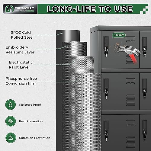 Vista 13 de Greenvelly Armario de almacenamiento de 9 puertas para empleados, casillero de metal para oficina, gimnasio, Shool, casillero de acero negro