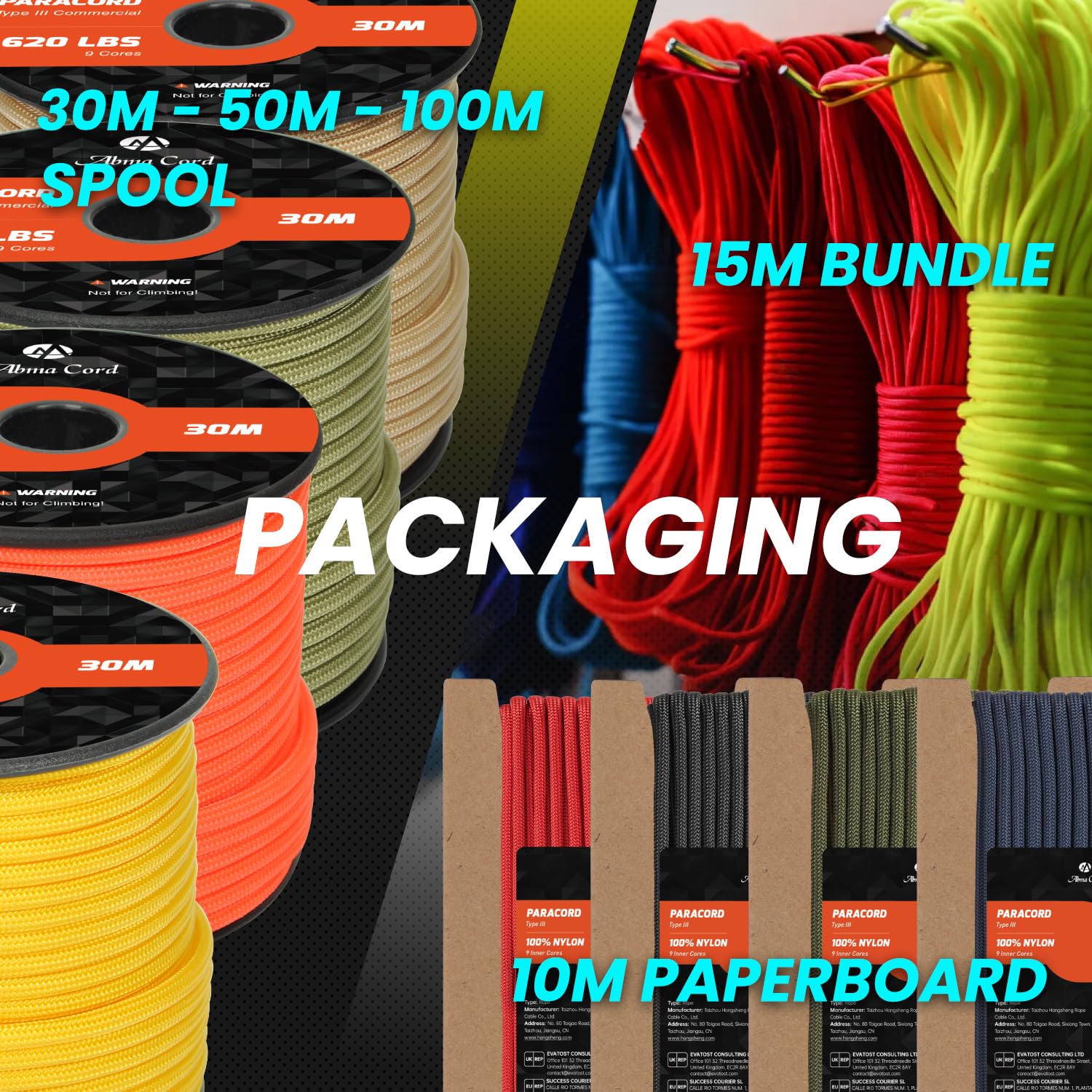 Abma Cord Paracord 4mm 15m 100% Nylonowa Sznurek Linka 9-żyłowa Typ III do Biwakowania, Majsterkowania, Zewnątrz, Survivalowy - Max. 280kg (620lb) - Czarny