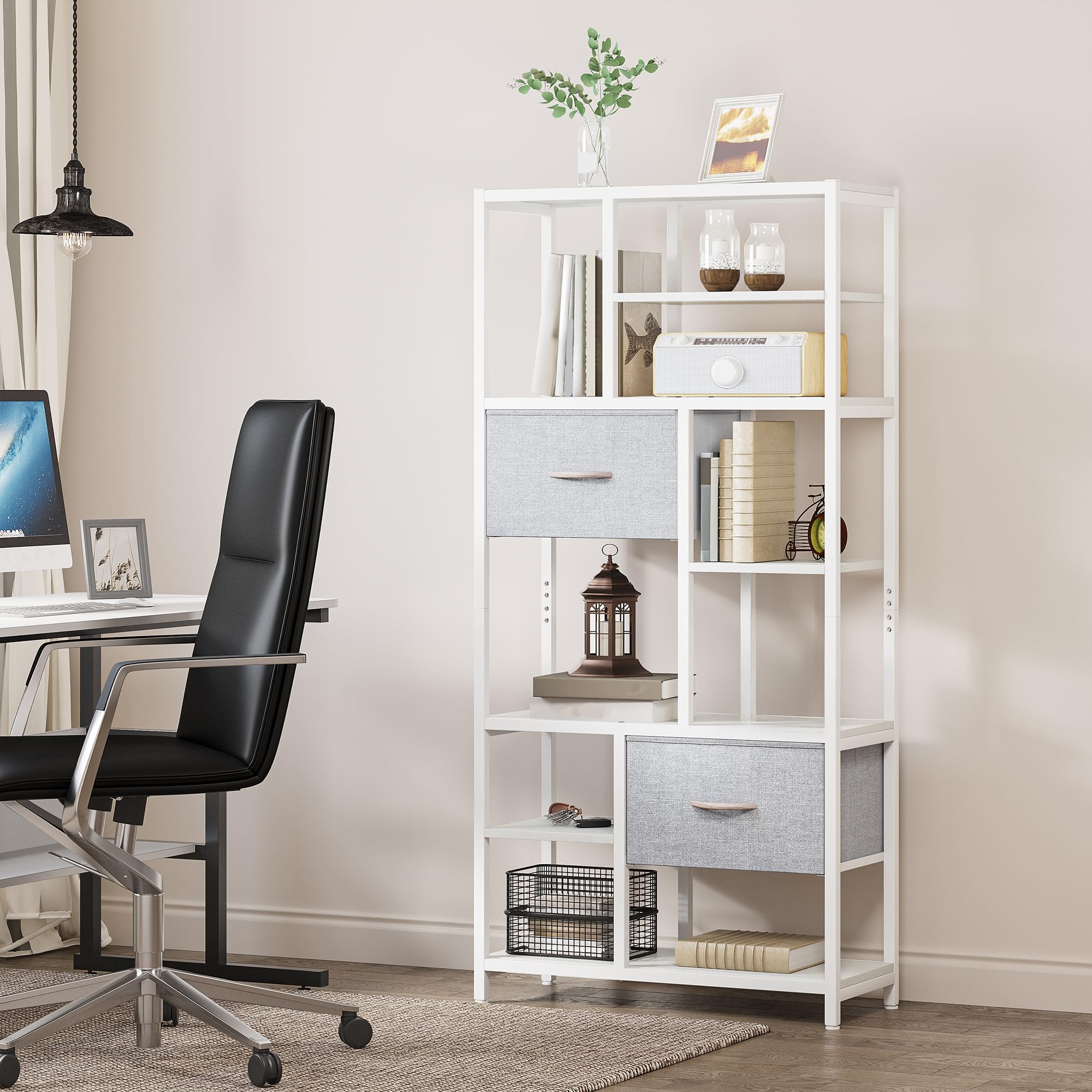 YITAHOME Estantería para Libros con 7 estantes con cajones de Piso a Techo, estantería Industrial, estantería de Acero, Adecuada para Sala de Estar, Oficina, Estudio, Pasillo, Cocina, Blanco
