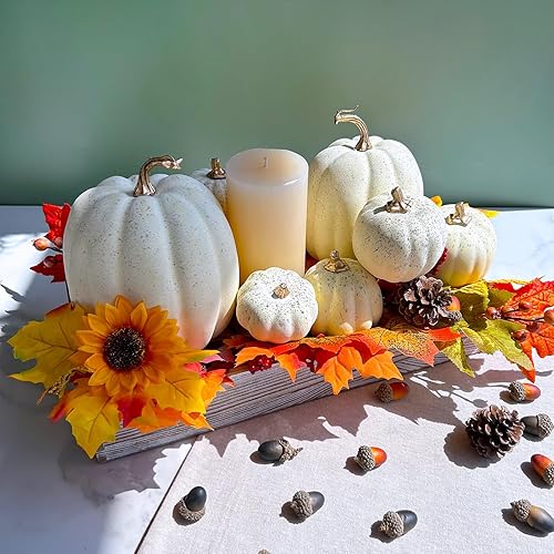 Miniatura 6 de Winlyn 7 calabazas artificiales de color crema de cosecha de varios tamaños, calabazas artificiales de espuma, calabazas decorativas para otoño,