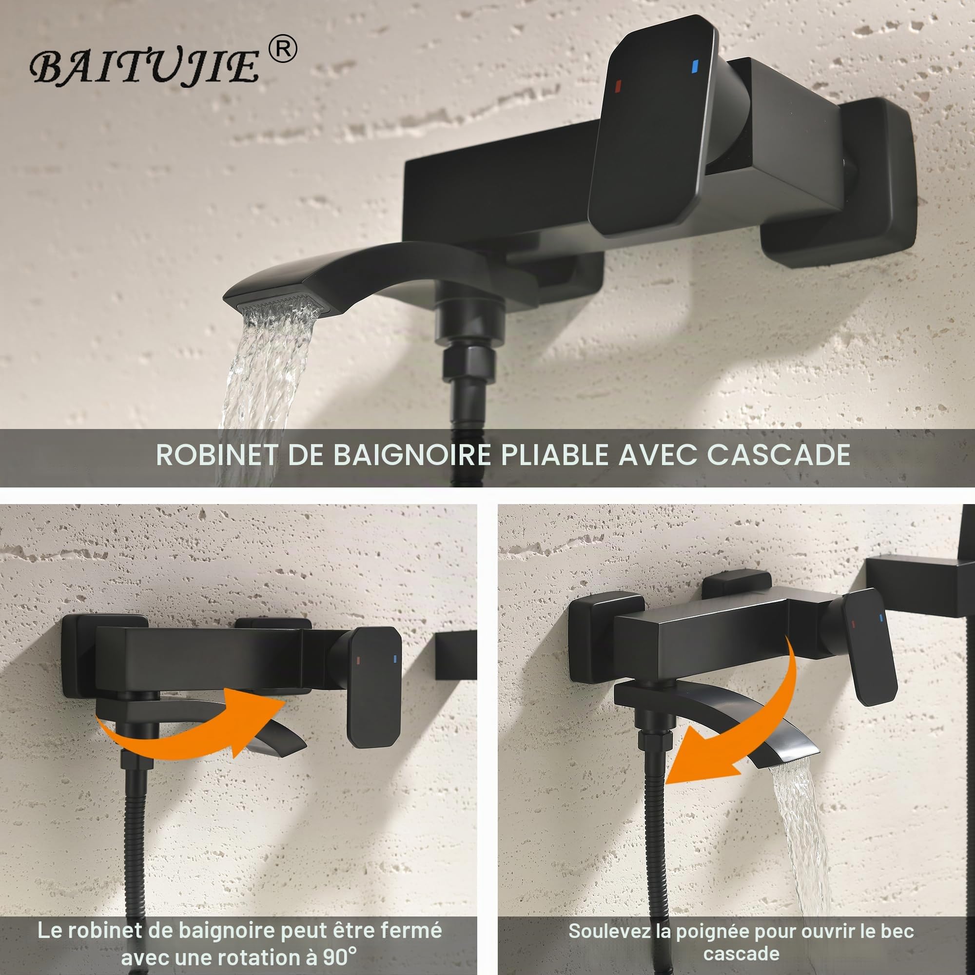 Mélangeur de baignoire avec douche en noir, robinet de baignoire noir en cascade, mélangeur de salle de bain avec interrupteur pivotant à 90°, avec douchette haute pression à 3 fonctions